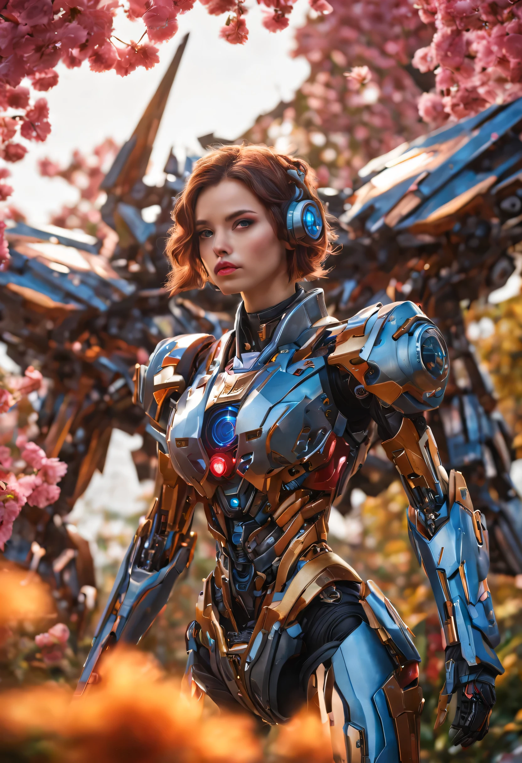 best quality,4k,8k,highres,masterpiece:1.2,ultra-detailed,realistic:1.37,A girl in a garden,beautiful detailed eyes,beautiful detailed lips,extremely detailed eyes and face,longeyelashes,(cybertron,sci-fi) background,heroic pose,cybernetic enhancements,mechanical wings,exquisite cherry blossom petals,blazing firebell pattern,moving gears and cogs,ethereal glow,warm sunset colors,anime-style,sharp focus,physically-based rendering,professional,vivid colors,bokeh