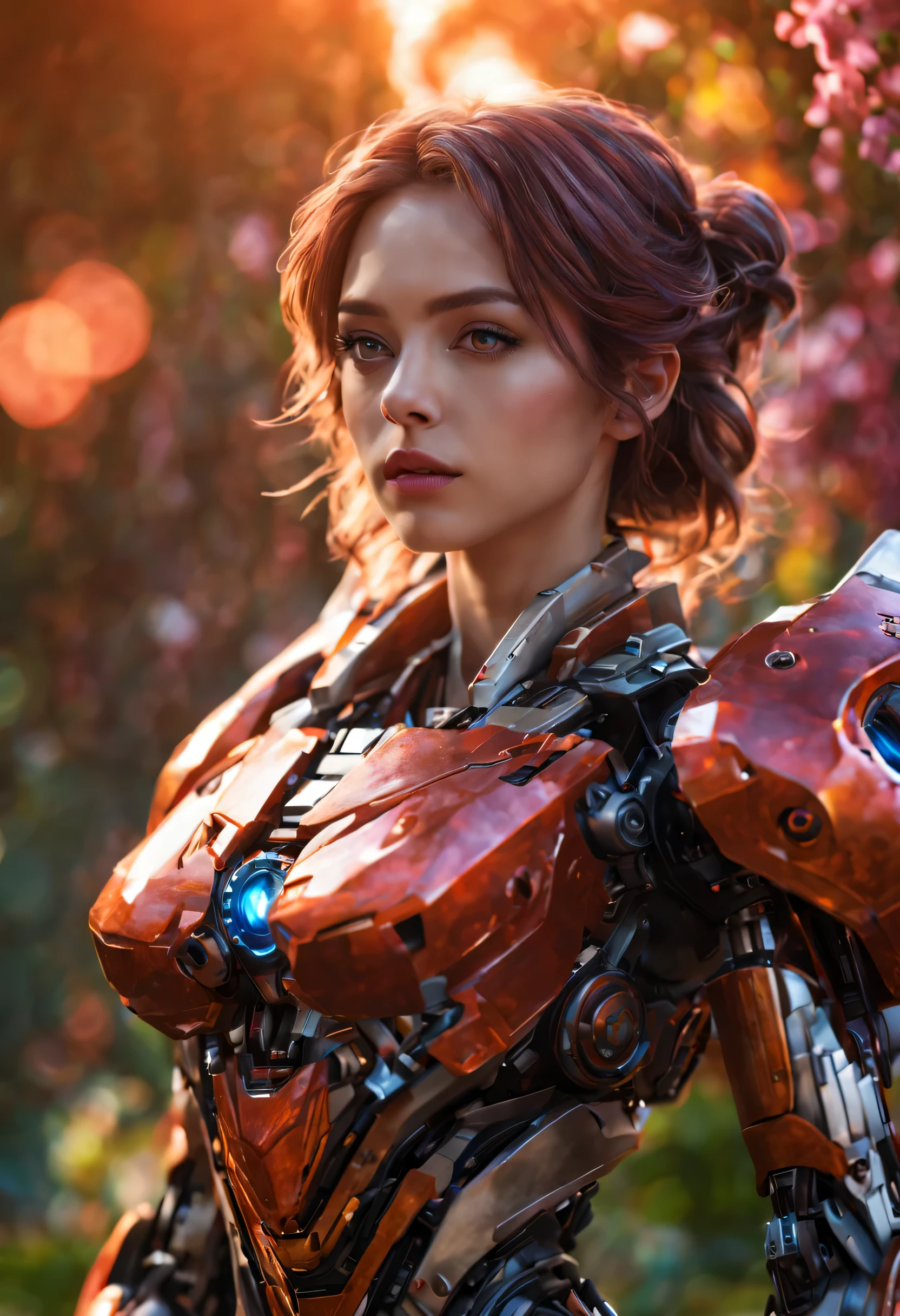 best quality,4k,8k,highres,masterpiece:1.2,ultra-detailed,realistic:1.37,A girl in a garden,beautiful detailed eyes,beautiful detailed lips,extremely detailed eyes and face,longeyelashes,(cybertron,sci-fi) background,heroic pose,cybernetic enhancements,mechanical wings,exquisite cherry blossom petals,blazing firebell pattern,moving gears and cogs,ethereal glow,warm sunset colors,anime-style,sharp focus,physically-based rendering,professional,vivid colors,bokeh