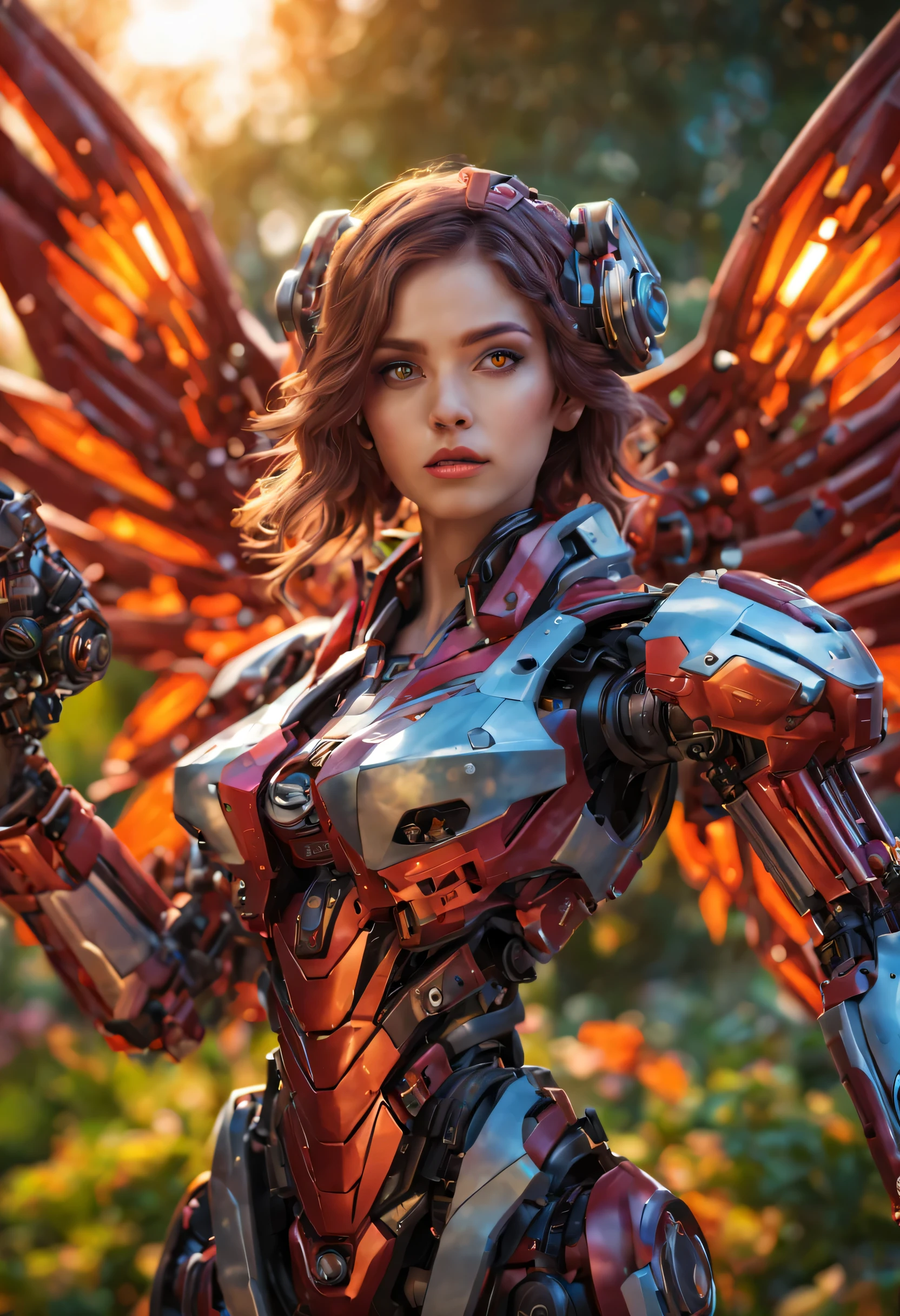 best quality,4k,8k,highres,masterpiece:1.2,ultra-detailed,realistic:1.37,A girl in a garden,beautiful detailed eyes,beautiful detailed lips,extremely detailed eyes and face,longeyelashes,(cybertron,sci-fi) background,heroic pose,cybernetic enhancements,mechanical wings,exquisite cherry blossom petals,blazing firebell pattern,moving gears and cogs,ethereal glow,warm sunset colors,anime-style,sharp focus,physically-based rendering,professional,vivid colors,bokeh