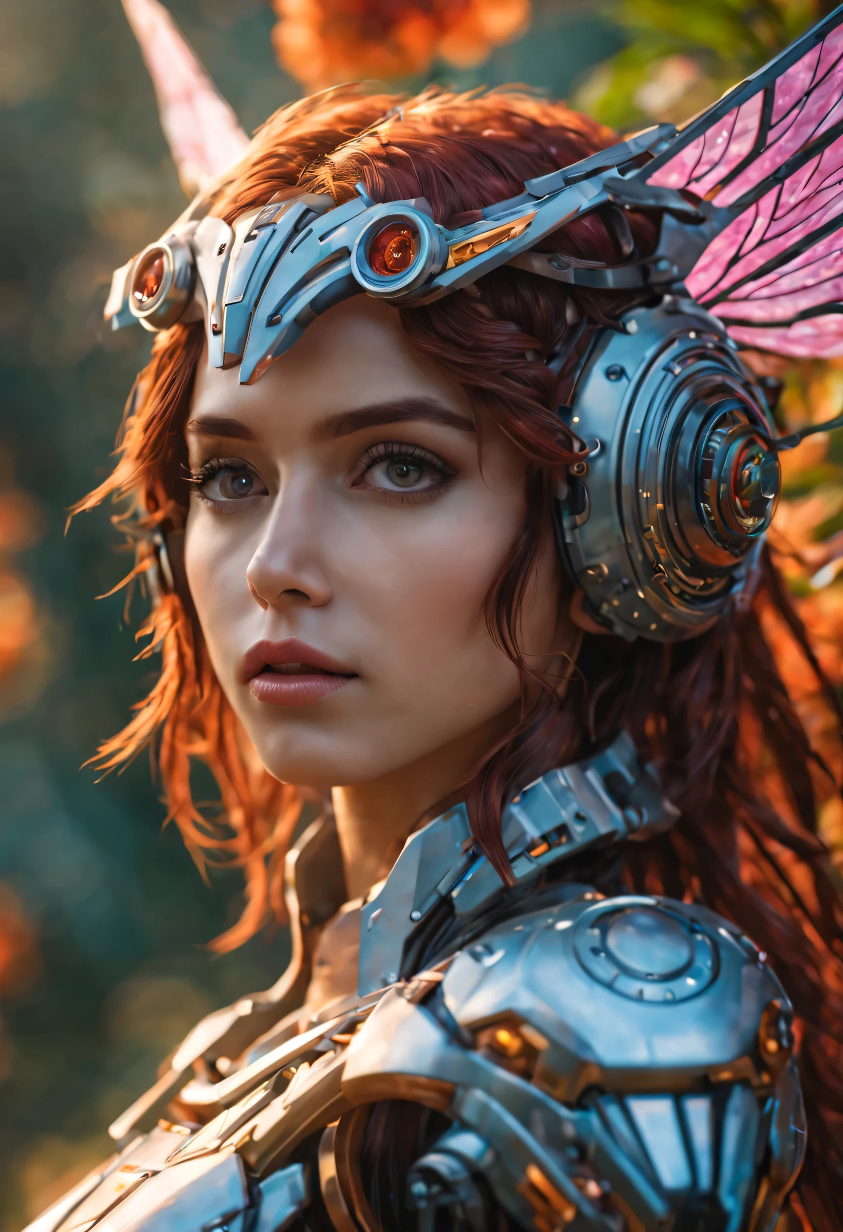 best quality,4k,8k,highres,masterpiece:1.2,ultra-detailed,realistic:1.37,A girl in a garden,beautiful detailed eyes,beautiful detailed lips,extremely detailed eyes and face,longeyelashes,(cybertron,sci-fi) background,heroic pose,cybernetic enhancements,mechanical wings,exquisite cherry blossom petals,blazing firebell pattern,moving gears and cogs,ethereal glow,warm sunset colors,anime-style,sharp focus,physically-based rendering,professional,vivid colors,bokeh