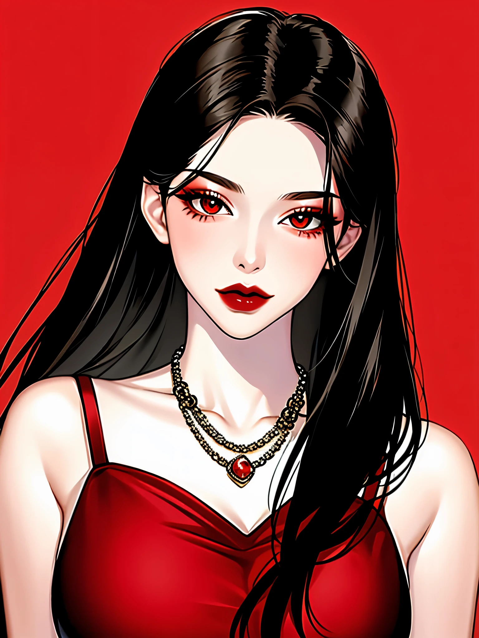 1girl in, Solo, Jewelry, Black hair, Necklace, Red lips, Long hair, lip stick, makeup, Upper body, Closed mouth, Red dress, Hair over one eye, clavicle, Dress,Red Theme,bad-girl,Shiny skin,(maturefemale),