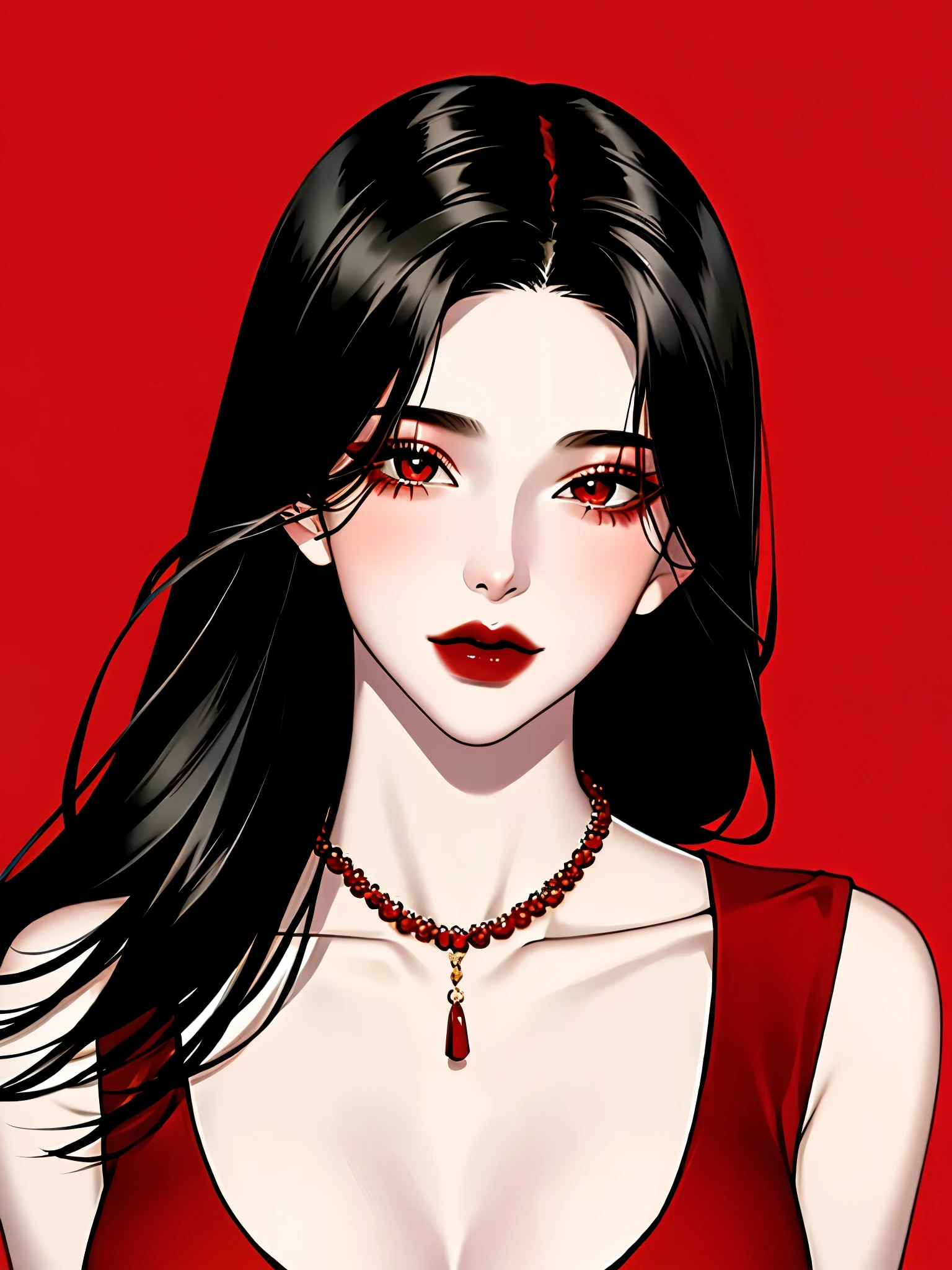 1girl in, Solo, Jewelry, Black hair, Necklace, Red lips, Long hair, lip stick, makeup, Upper body, Closed mouth, Red dress, Hair over one eye, clavicle, Dress,Red Theme,bad-girl,Shiny skin,(maturefemale),