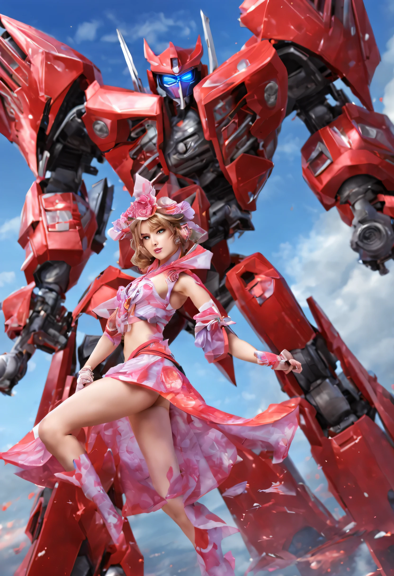 Transformer 'Firebell' is themed after 'The Sakura Maiden', she is striking a heroic pose, on Cybertron, full body picture