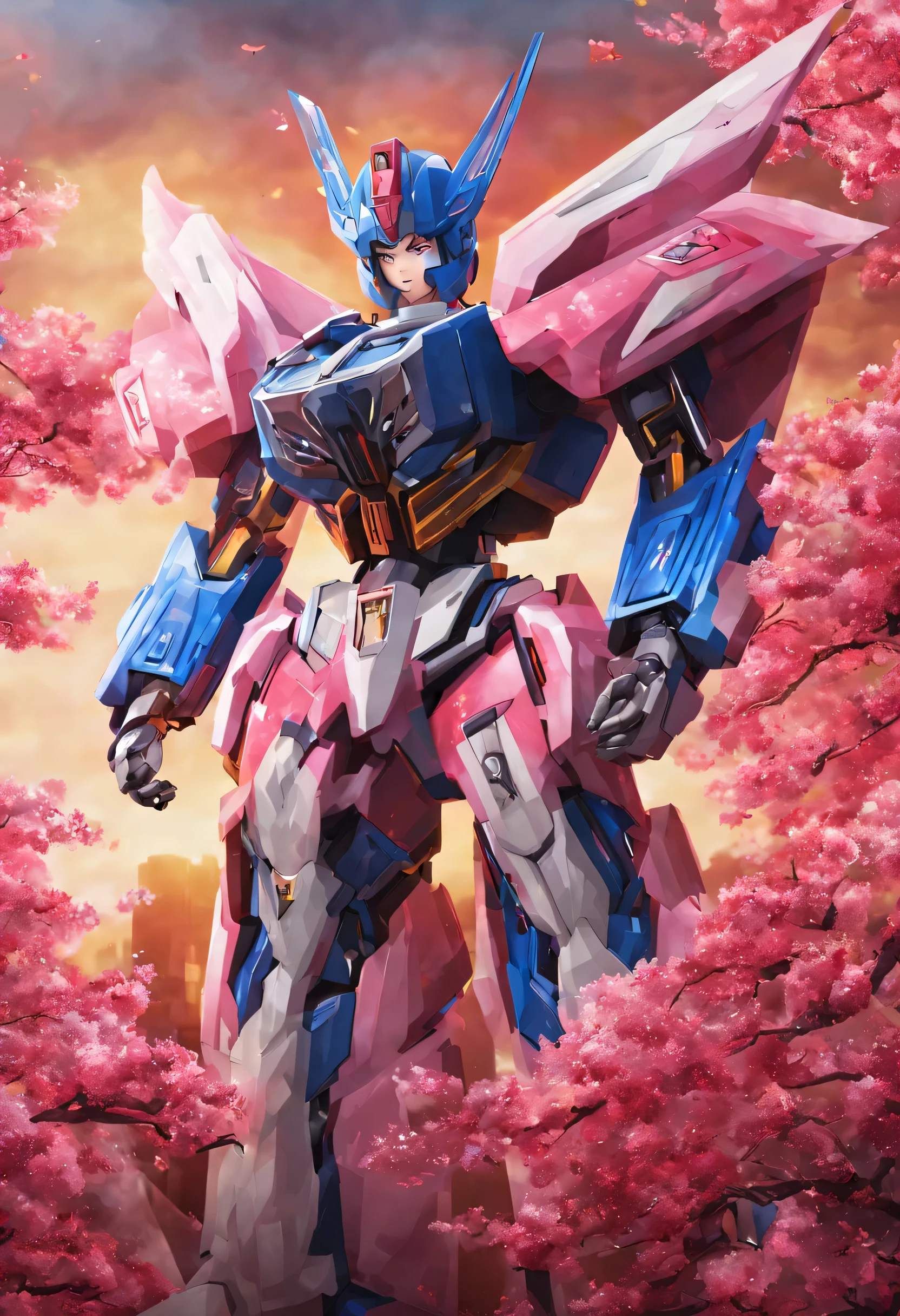 Transformer 'Firebell' is themed after 'The Sakura Maiden', she is striking a heroic pose, on Cybertron, full body picture