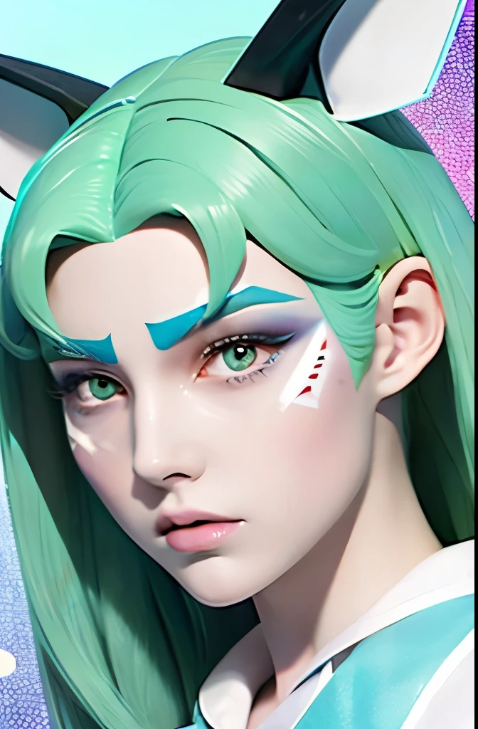 One has a sky blue body，pale green pupils，Specially patterned hair on knees and chest，There is a pentagonal white pattern on the forehead.，The ears have one or two diamond-shaped white patterns，The upper part of the hair on the ears is yellow，The top part of the hair is sky blue, The hair below is white，wolf with bell。