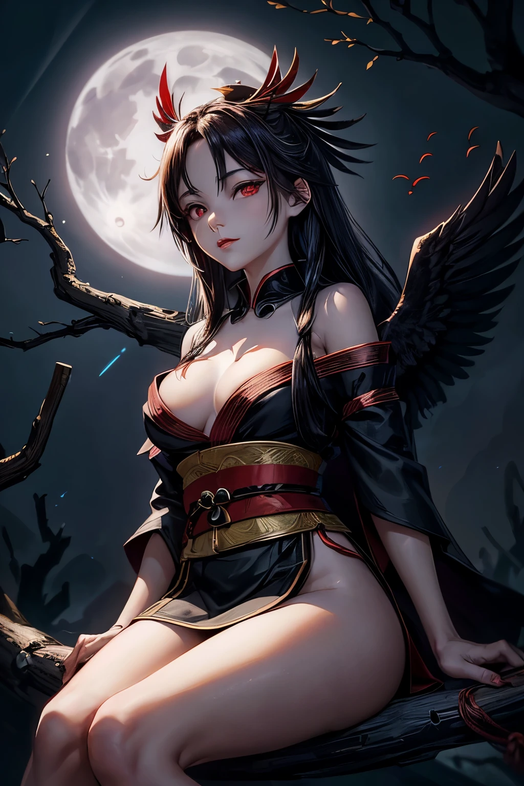 Highest image quality, beautiful crow tengu girl with two pairs of black wings on her back, Japanese tengu costume, beautiful body, red lips, beautiful breasts, long black hair, red eyes, (sitting on a tree branch: 1.3), whole body You can see the moonlight, a dark forest, and crows flying around in the sky.(Viewpoint looking up from below: 1.2)