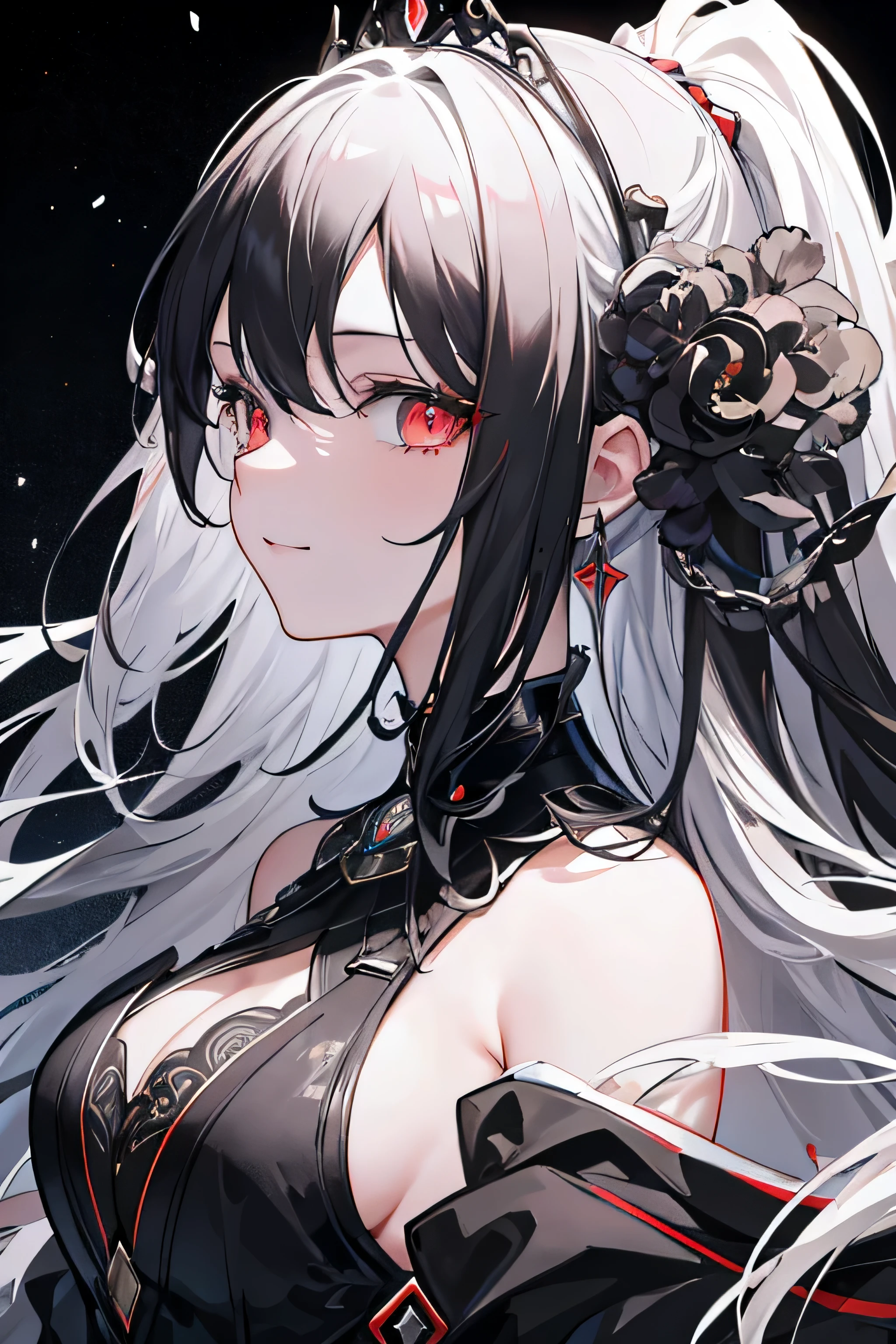 （（masterpiece：1.4，highest quality））+，（hyper detail）+，（highly detailed eyes）+，（winged ears：1.5）， （cute girls），，（golden red student：1.15），Long jet-black hair，long braids，bushy hair（wariza：1.2），white skin，Seduce a smile，black crystal block，black horn，empty eyes，red eye pattern on forehead （she is wearing a shabby black robe，gray dress，Bone pattern，：1.5），（black bracelet：1.4）unusually long sleeves，black spike headdress，Baiyun，white colossus，dream bubbles，black nails，red apple，Turn your back on everyone，tear pattern，Metal Chain，White skeleton （bird feathers：1.1）， （dawn light：1.2）， （dark black and white：1.16），（Depth of written boundary：1.4），intricate detail color，Detailed route，wonderful,Super detailed,The content is very detailed,(high contrast:1.11),Wind,amazing cleavage,beautiful eyes,messy hair,(shine the brightest，very delicate and beautiful), ((movie lighting lighting)), (seen from the side:1.3)，8k,masterpiece，highest quality，movie stills，1 plump girl，（close up of cleavage：1.1），bright，interesting，gentle soft lighting，（bauhaus，shape，line engineering，abstract：1.1）official art， unity 8k wallpaper， Super detaileded， beautiful and beautiful， masterpiece， highest quality， （dynamic angle：1.4），Perfect NwsjMajic，（masterpiece，highest quality，highest quality，official art，cosmetology and aesthetics：1.2），The content is very detailed，rich colorful，best details，