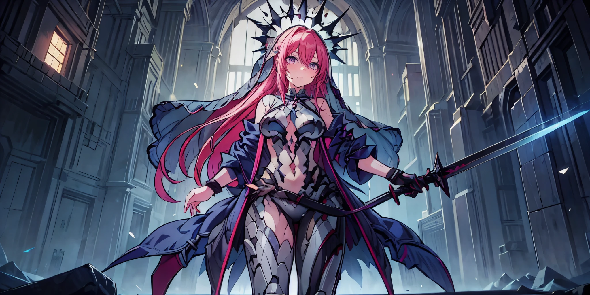 frigg, ponytail, long hair, pink hair, 1girl, holding, sword, solo, blue_eyes, holding_weapon, holding_sword, outfit-origami, halo, veil, navel, elbow gloves, detached sleeves, frills, bow, navel, standing, dual_wielding, closed_mouth, glowing, bangs, gloves, earrings, looking_at_viewer, glowing_weapon, "glow effects, godrays, Hand drawn, render, 8k, octane render, cinema 4d, blender, dark, atmospheric 4k ultra detailed, cinematic, Sharp focus, big depth of field, Masterpiece, colors, 3d octane render, 4k, concept art, trending on artstation, hyperrealistic, Vivid colors, extremely detailed CG unity 8k wallpaper, trending on CGSociety, Intricate, High Detail, dramatic", anime coloring, anime screencap, sweating, steaming body, fog