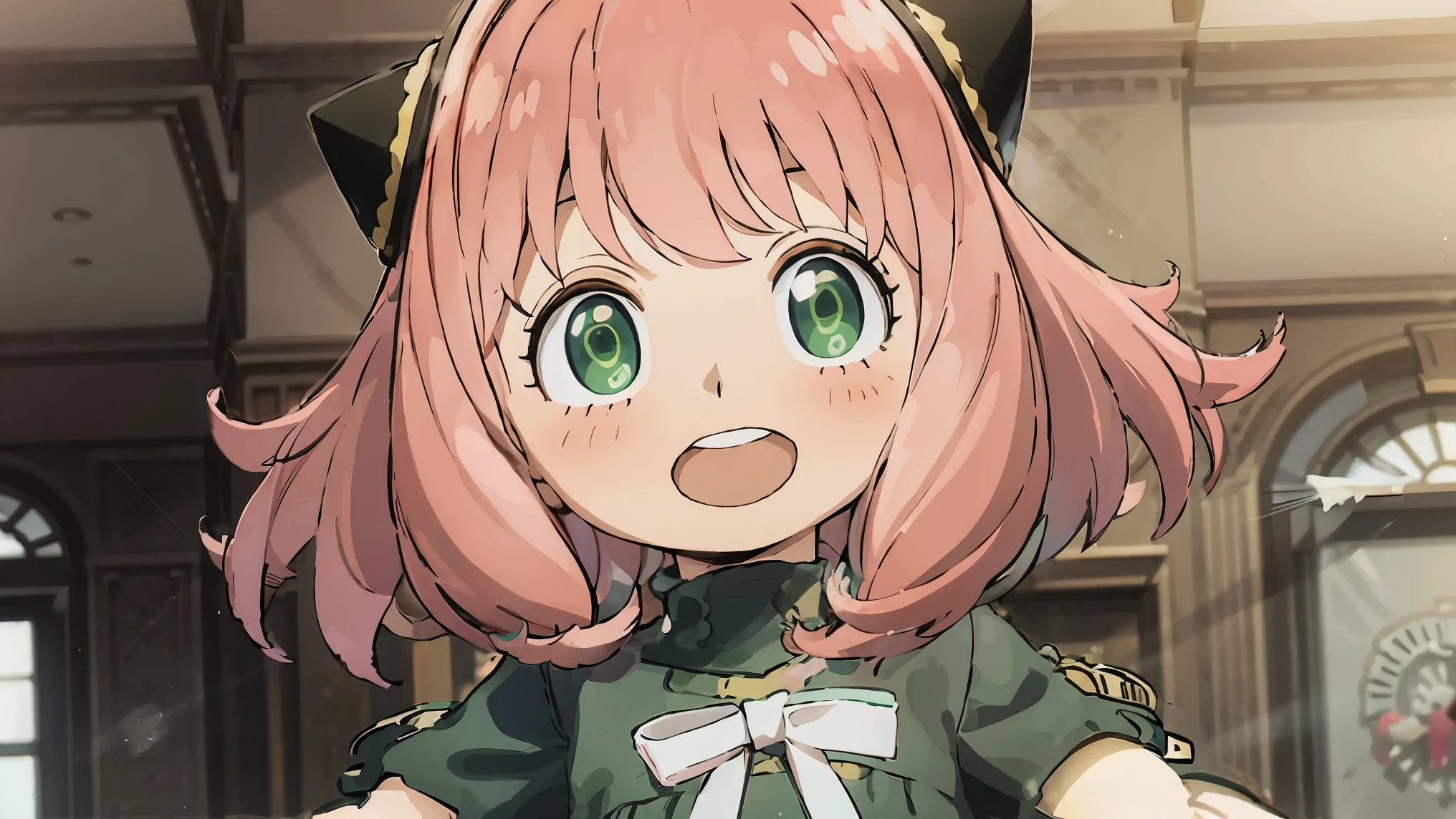 An anime girl with pink hair and green eyes with a surprised expression on her face and a black cat hat, (1girl:0.992), (:d:0.583), (bangs:0.701), (blush:0.584), (Green Eyes: 0.992), (Looking at the Audience: 0.711), (Open Mouth: 0.760), (Pink Hair: 0.917), (Ribbon: 0.826), (Short Hair: 0.571), (Smile: 0.855), (Solo: 0.949), (Teeth: 0.770), (Upper Body: 0.760)