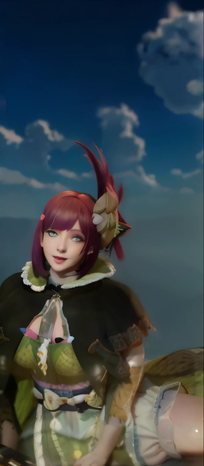 A red-haired girl with short hair and green eyes big breast looking at viewer