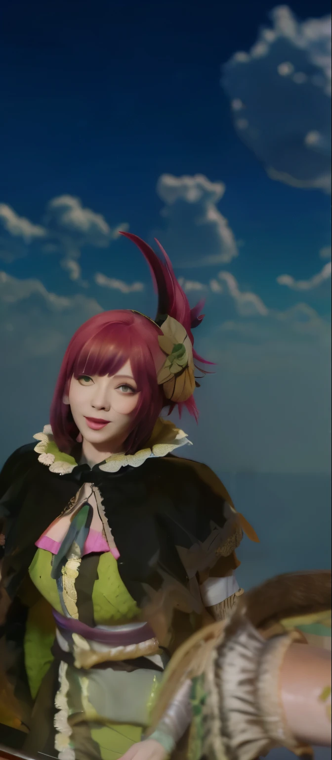 A red-haired girl with short hair and green eyes big breast looking at viewer