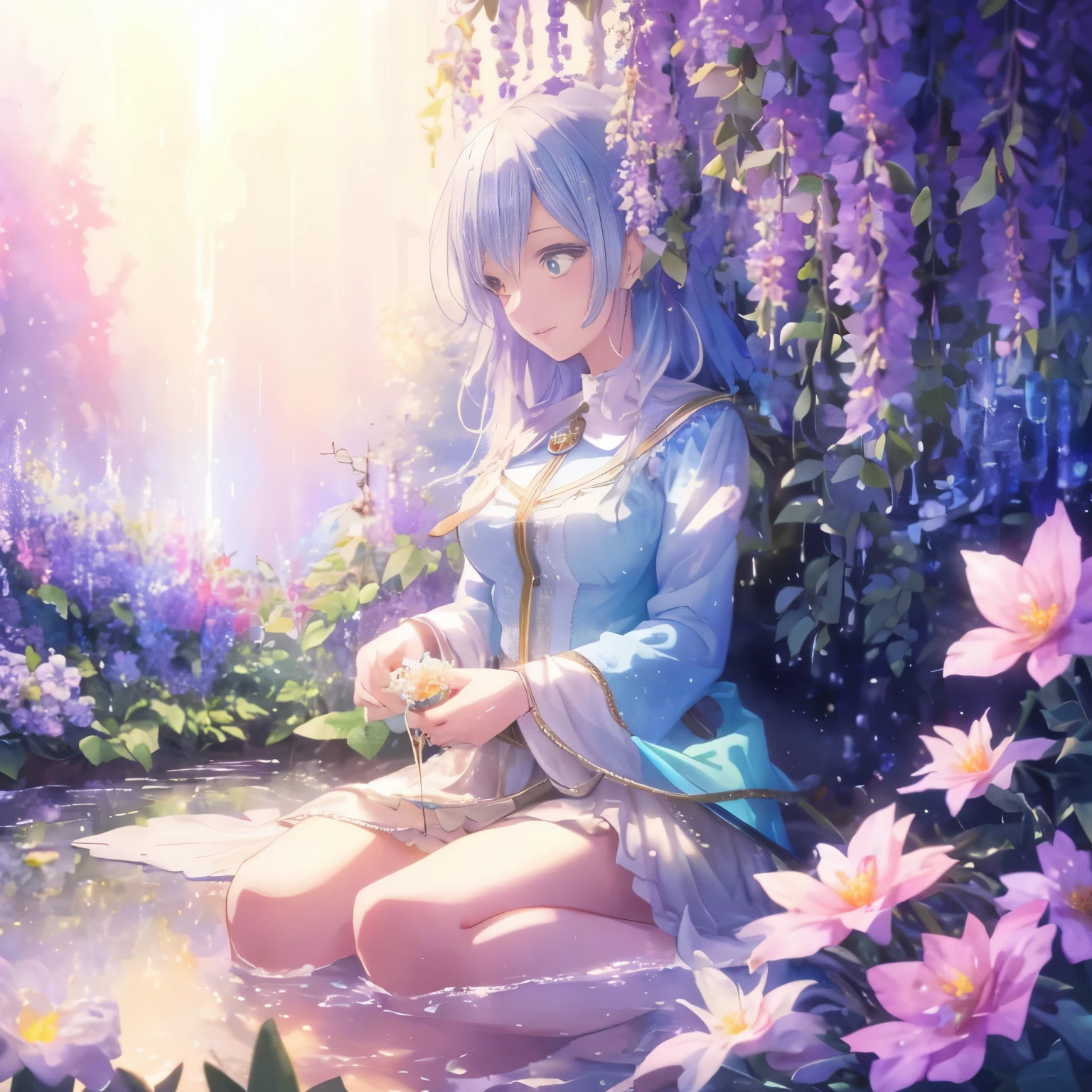 (high quality, 8k), (soft light), Rainbow-colored, one girl, detailed face, fine eyes, watercolor paiting,  so magical and dreamy, dreamy and detailed, dreamy atmosphereとドラマ, gorgeous atmosphere, fantastic beautiful lighting, dreamy atmosphere, beautiful atmosphere, dreamy romantic, fantastic dreamy theme, magical atmosphere, beautiful atmosphere, anime background art, magical atmosphere + table top, dreamy aesthetics, Beautiful details with atmosphere, lots of flowers, bubble, water, flower garden, sitting on the ground, shining eyes