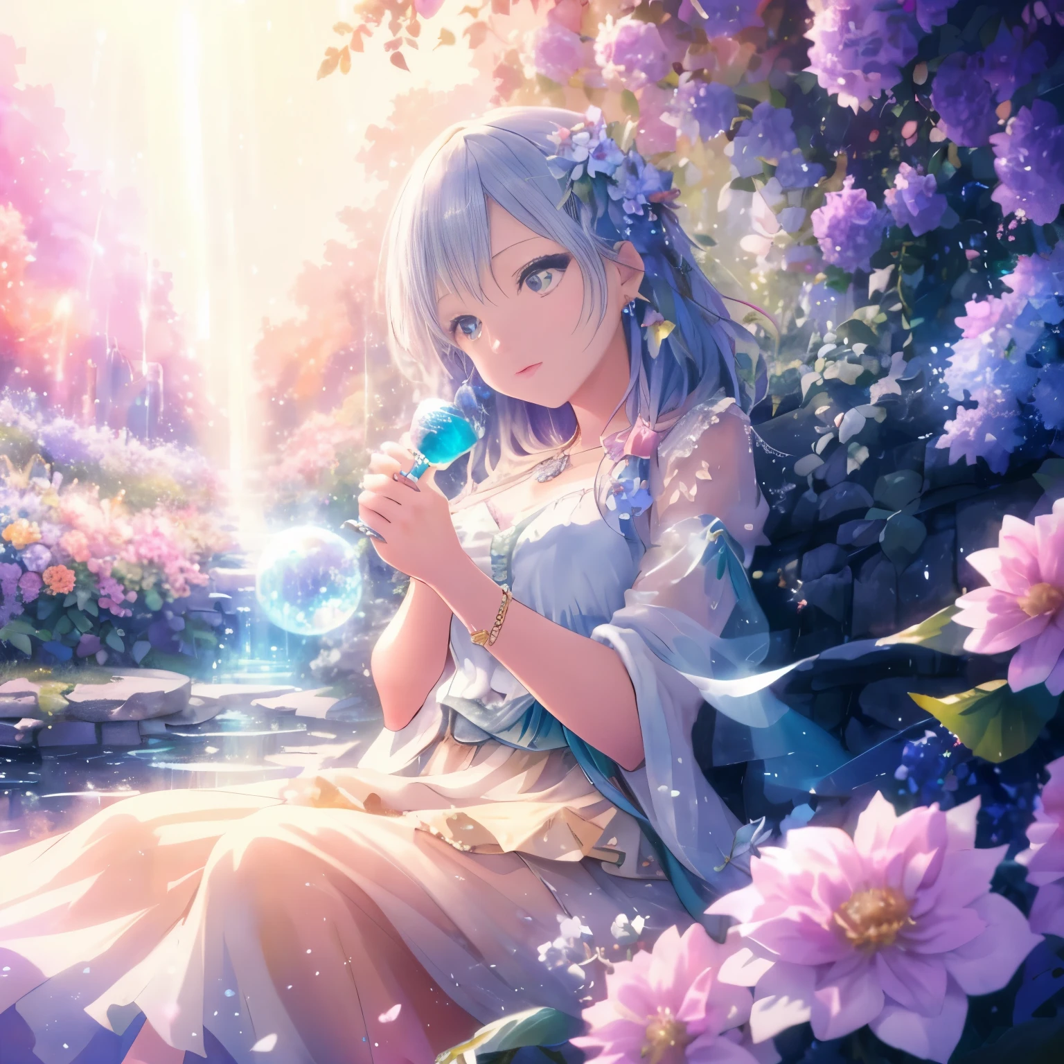 (high quality, 8k), (soft light), Rainbow-colored, one girl, detailed face, fine eyes, watercolor paiting,  so magical and dreamy, dreamy and detailed, dreamy atmosphereとドラマ, gorgeous atmosphere, fantastic beautiful lighting, dreamy atmosphere, beautiful atmosphere, dreamy romantic, fantastic dreamy theme, magical atmosphere, beautiful atmosphere, anime background art, magical atmosphere + table top, dreamy aesthetics, Beautiful details with atmosphere, lots of flowers, bubble, water, flower garden, sitting on the ground, shining eyes