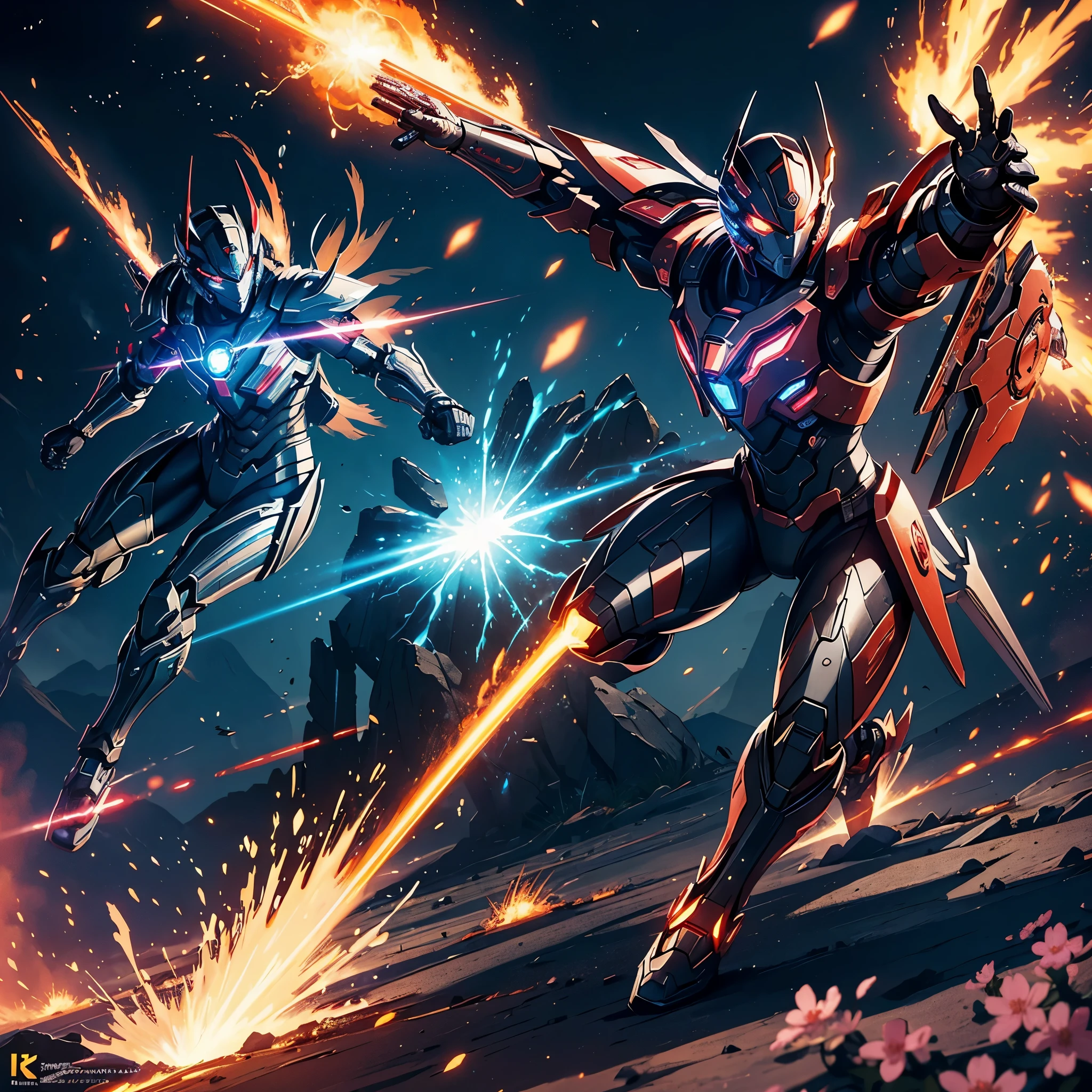 [best quality,4k,8k,highres,masterpiece:1.2],ultra-detailed,realistic,photorealistic:1.37,Transformer Firebell(Sakura Maiden),action pose,flaming sword,Cybertron,sci-fi,concept art,digital painting,dynamic lighting,vibrant colors,powerful,fiery backdrop,sakura petals,warrior,female character,vector illustration,sleek design,energetic stance,sparkling effects,innovative,cybernetic enhancements,explosive action,transforming robotic armor,battle-ready,glowing eyes,technological landscape,mechanical details,high-tech weaponry,lens flares,intense battle atmosphere