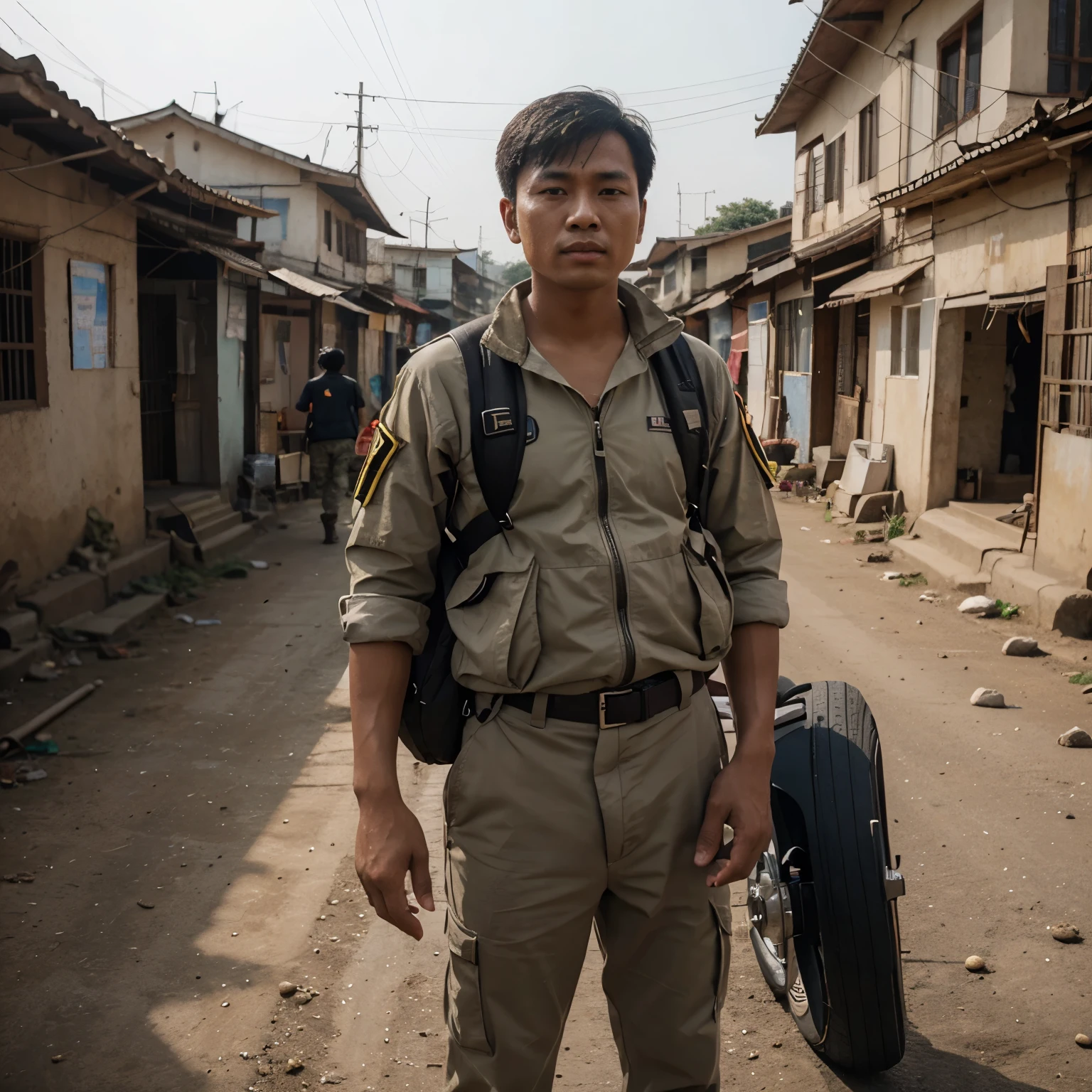 Create image of Myanmar man gan shoot to poor army.