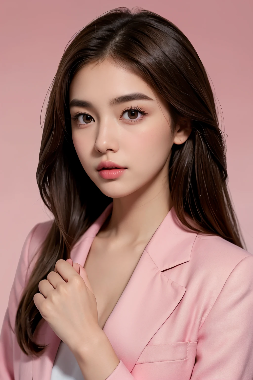 create a young young beautiful girl with brown hair, fair complexion, big brown eyes, a bit thick eyebrows, long pointed nose and full pink lips, wearing a red blazer and holding a black file in her hands with a white background 8k