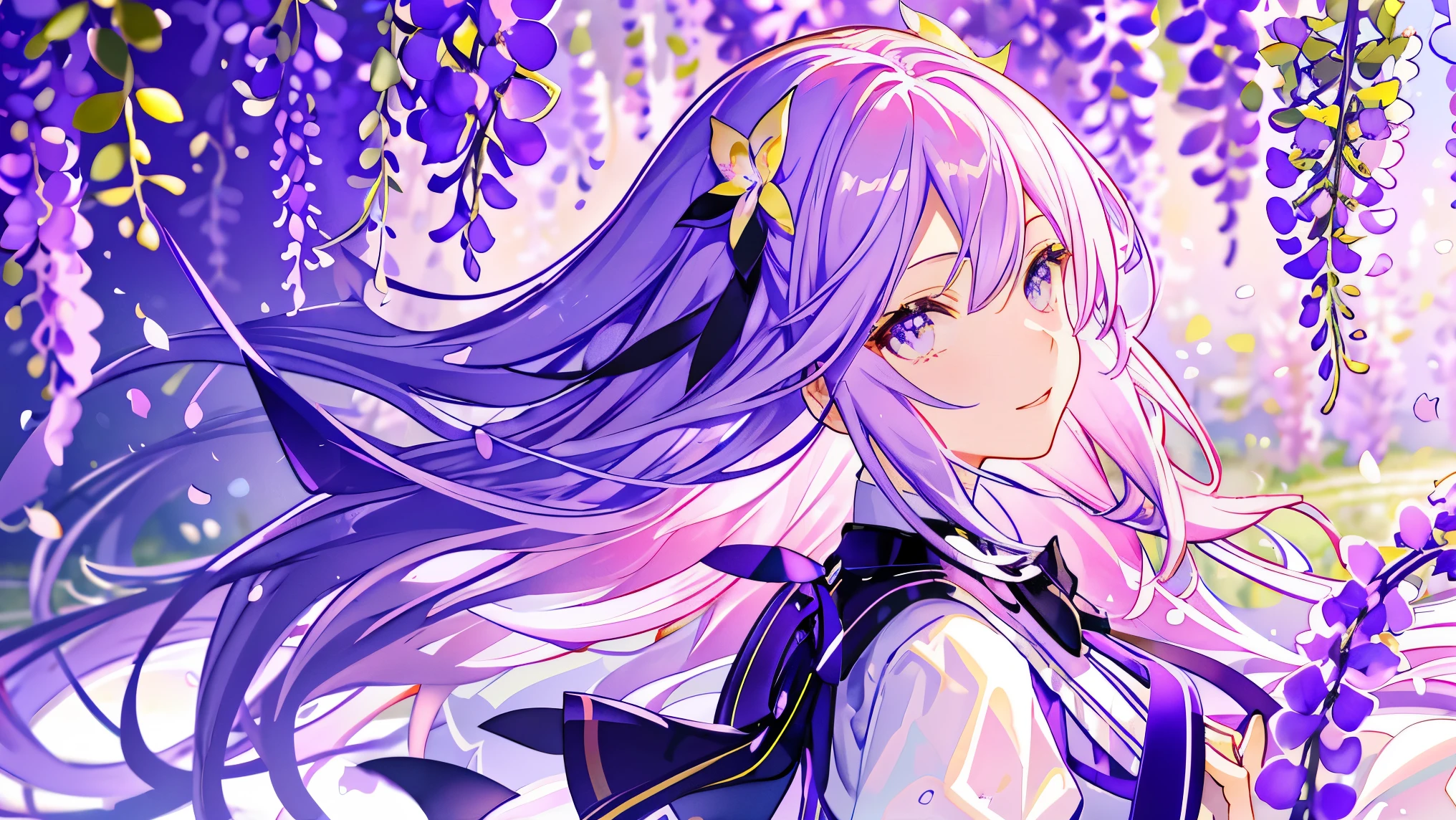 Wallpaper, wisteria, wisteria tree, wisteria petal, wisteria tree, whole wisteria tree, wind blowing, light with pink gradation background, HD Detail, Ultra Detail, Film, Hyper Realism, Soft Light, Deep Field Focus Bokeh, Ray Tracing, Diffuse (extra fine glass reflections). --v6