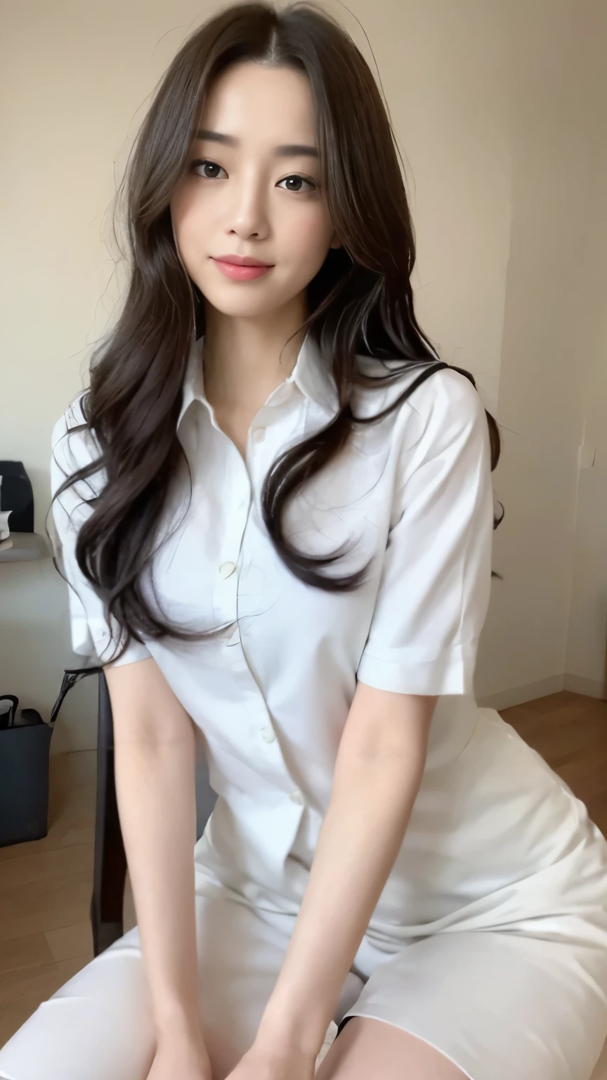 ((top-quality、8k、masterpiece:1.3))、Beautiful woman with perfect body:1.4、slim abdomen:1.2、Longhair, normal breast, Highly detailed facial and skin texture, A detailed eye, delicate eyes, double eyelid, (smile), (full body shot), ((office)), (sitting on chair), (((wearing white uniform)), looking in front