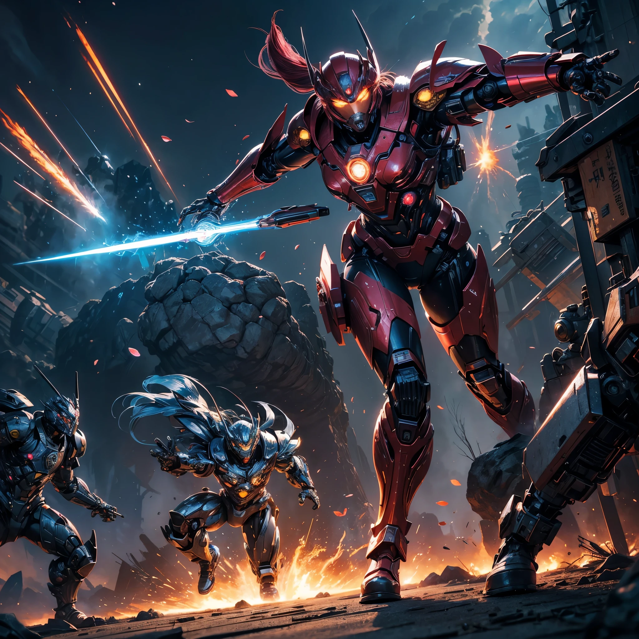 [best quality,4k,8k,highres,masterpiece:1.2],ultra-detailed,realistic,photorealistic:1.37,Transformer Firebell(Sakura Maiden),action pose,flaming sword,Cybertron,sci-fi,concept art,digital painting,dynamic lighting,vibrant colors,powerful,fiery backdrop,sakura petals,warrior,female character,vector illustration,sleek design,energetic stance,sparkling effects,innovative,cybernetic enhancements,explosive action,transforming robotic armor,battle-ready,glowing eyes,technological landscape,mechanical details,high-tech weaponry,lens flares,intense battle atmosphere