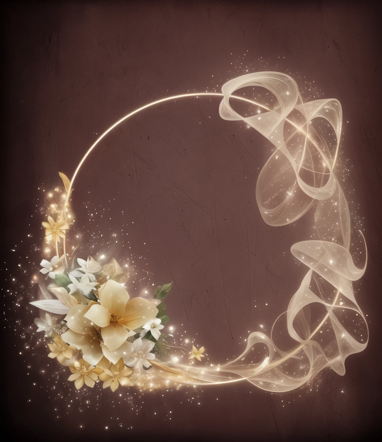 hay una imagen de un arreglo floral con un remolino a su alrededor, fondo dorado con flores, magic fairy background, elegant composition, Composition of the golden curve, fondo de estilo cuento de hadas, ethereal art deco, ethereal background, cintas y flores, por Cindy Wright, flores y oro, Magical energy that rotates smoothly, Ballroom background, magic background, halo ornamental