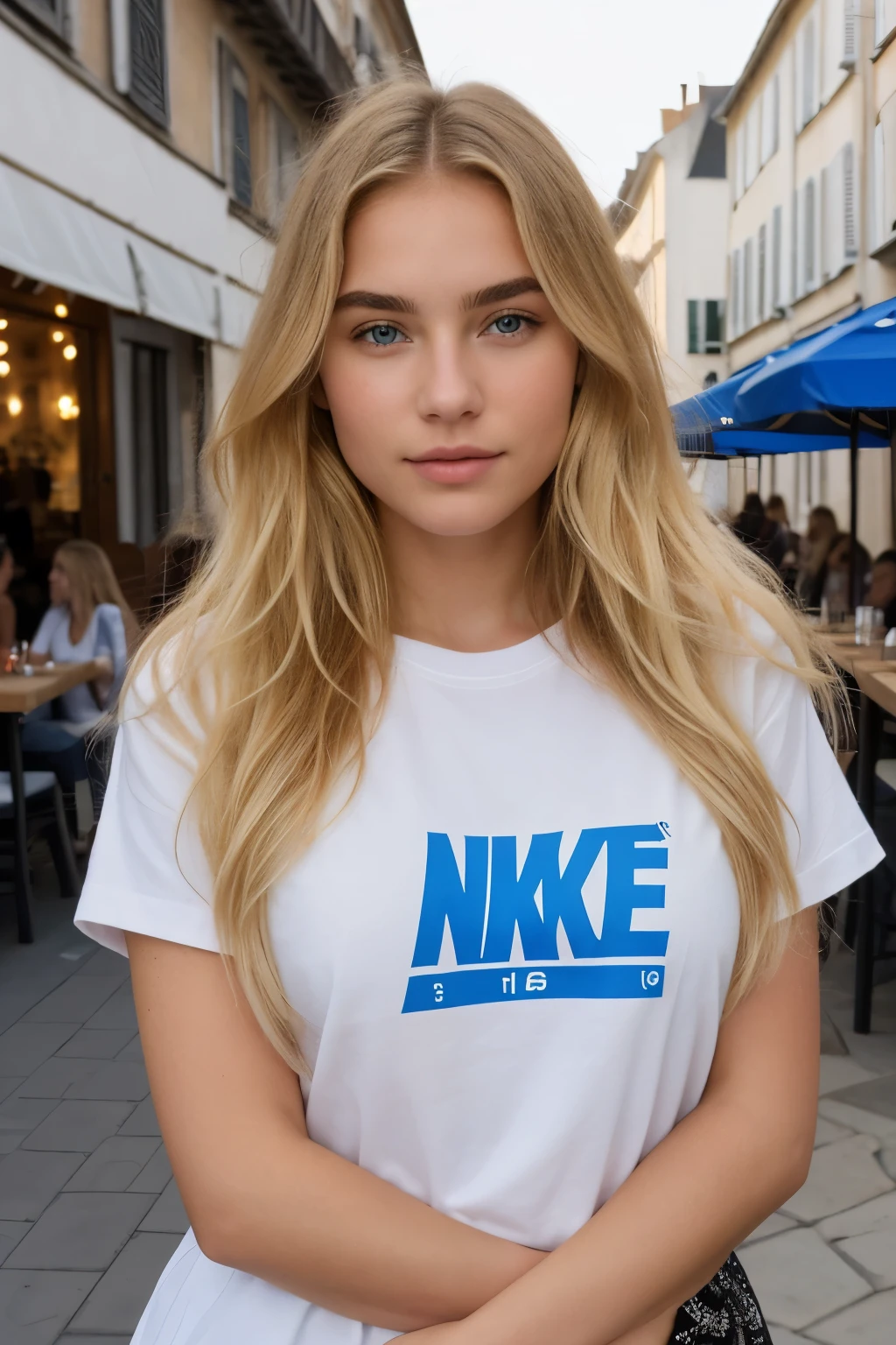 pretty blonde model, 18 ans, poitrine 95D, Long and wavy blonde hair, Yeux bleus, Dark eyebrows, elle est en terrasse au restaurant, habiller avec un tshirt nike