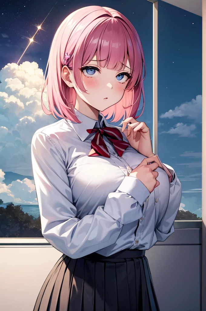 (masterpiece),(intricate details),1 girl,mature woman,Nino Nakano, a huge heartbreaker, Nino Nakano, short hair, bangs, blue eyes, hair ornaments, hair ribbon, pink hair, blunt bangs, two side up, butterfly hair ornaments, BREAK skirt, shirt, long sleeve, white shirt, pleated skirt, open clothes, collared shirt, sleeves go over wrists, dress shirt, cardigan, green skirt, open cardigan, black cardigan,
folded socks,Talk,Depth of the bounds written,looking at the viewer,random view,((standing on a , Cocktail_bar,)),((Upper body)),Polka-dot pants,The moon that laughs and destroys,night,meteor,Hanabi,bus stop,((Cumulonimbus cloud)),from below:1.1,