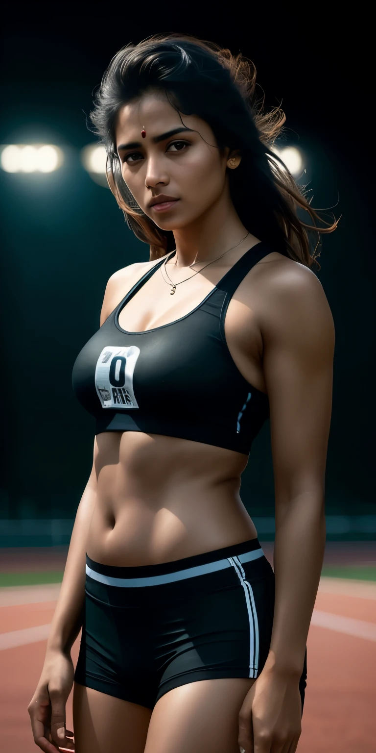 beautiful mature Indian college girl, in mini track outfit, outside on track field, ((slim, )), photorealistic, photo, masterpiece, realistic, realism, photorealism, high contrast, photorealistic digital art trending on Artstation 8k HD high definition detailed realistic, detailed, skin texture, hyper detailed, realistic skin texture, armature, best quality, ultra high res, (photorealistic:1.4),, high resolution, detailed, raw photo, sharp re, by lee jeffries nikon d850 film stock photograph 4 kodak portra 400 camera f1.6 lens rich colors hyper realistic lifelike texture dramatic lighting unrealengine trending on artstation cinestill 800,