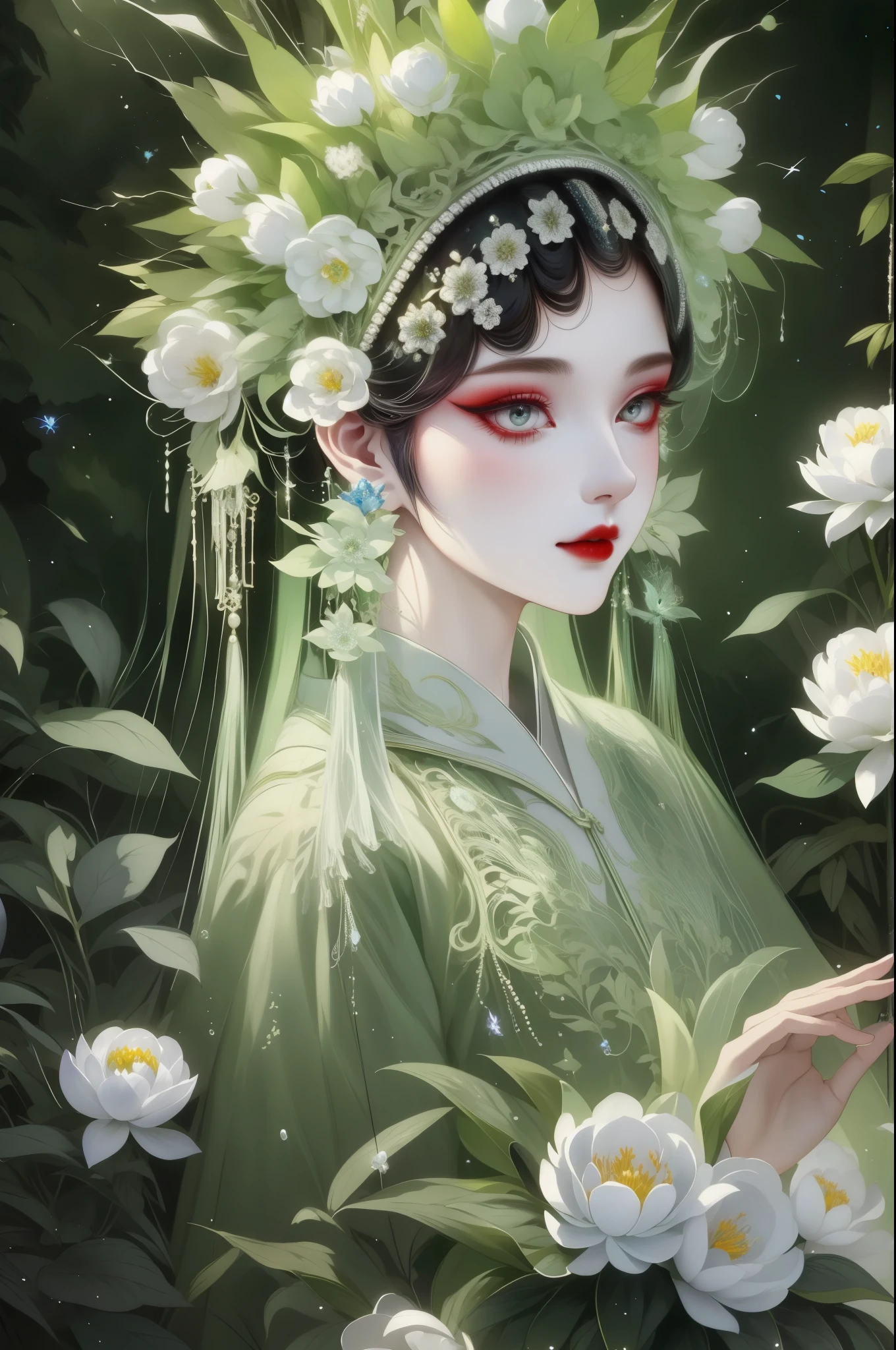 "Forest Queen Portrait,White peony, (masterpiece, best quality), (illustration), Strange fungal disease in dense forests, transparent viscous substance, Caustics, crystal, close up, intricate details, dark background, Sparkling spores, in the jungle,starlight,firefly