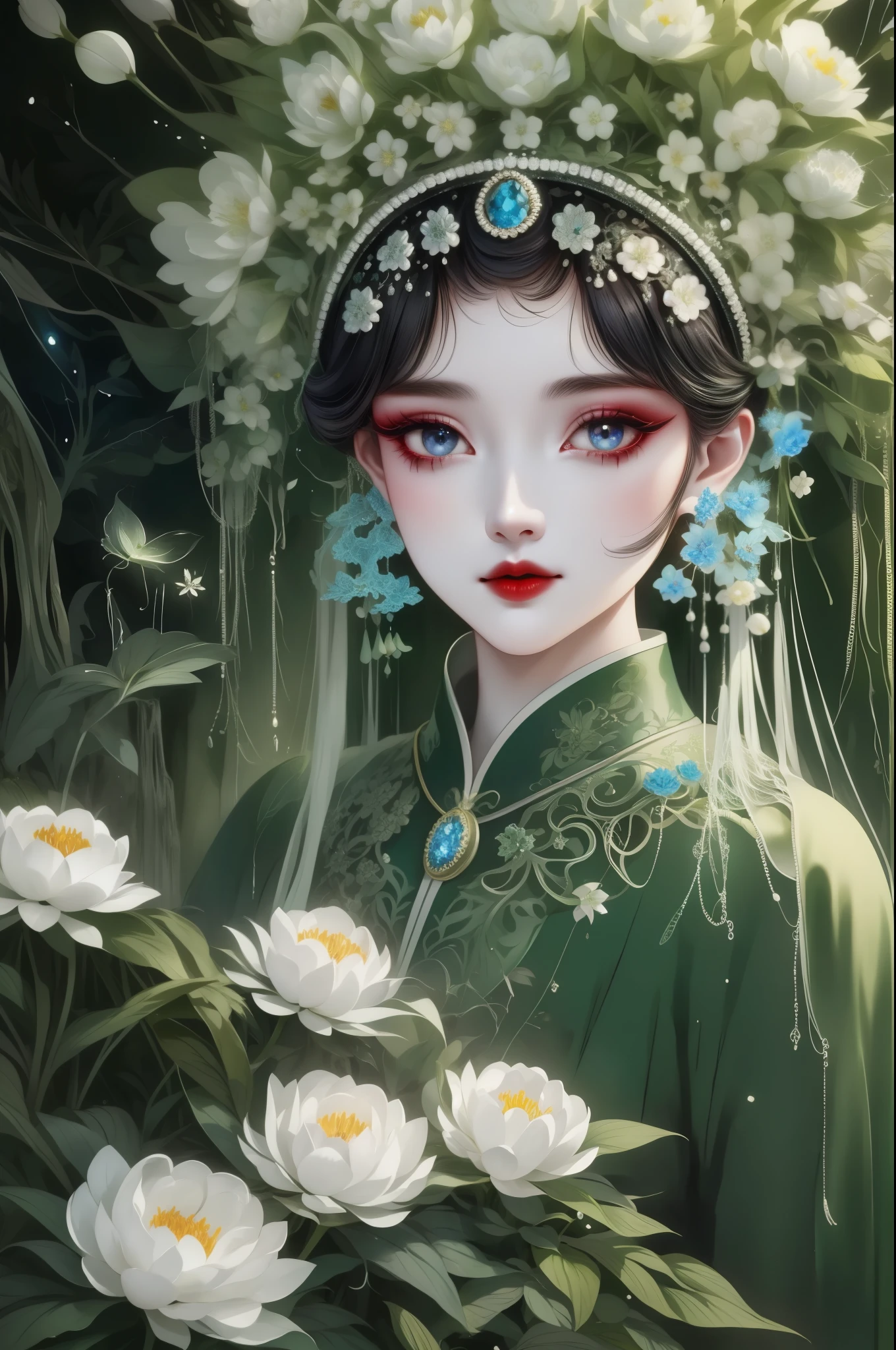 "Forest Queen Portrait，White peony, (masterpiece, best quality), (illustration), Strange fungal disease in dense forests, transparent viscous substance, Caustics, crystal, close up, intricate details, dark background, Sparkling spores, in the jungle，starlight，firefly