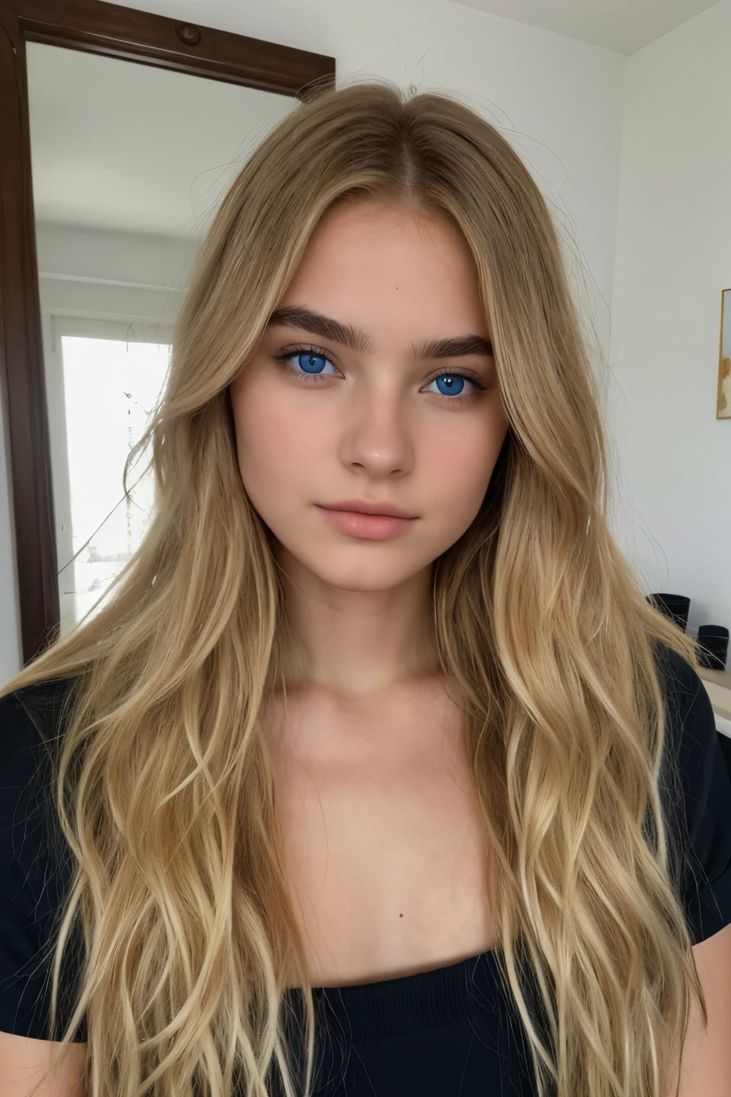 pretty blonde model, 18 ans, poitrine 95D, Long and wavy blonde hair, Yeux bleus, Dark eyebrows, elle fait une photo face a son mirroir