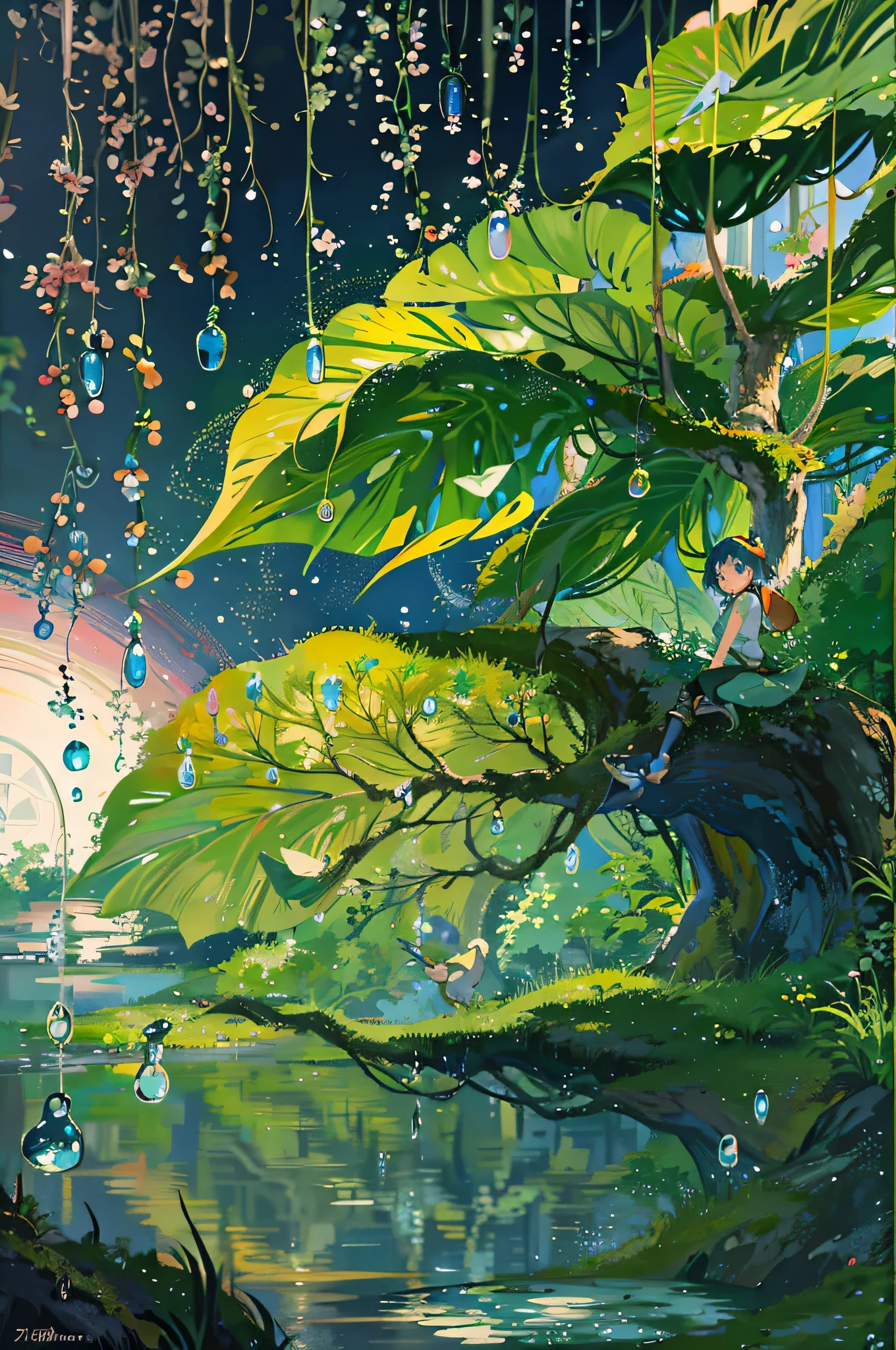 Ghibli,Hayao Miyazaki,Shin Haichenfeng,Nausicaa of the Valley of the Wind,8k,highest quality,image of leaves and raindrops, Romantic landscape style, Canon EOS 5D Mark IV, sunny impressionism, Traditional, Sparkling Water Reflection,