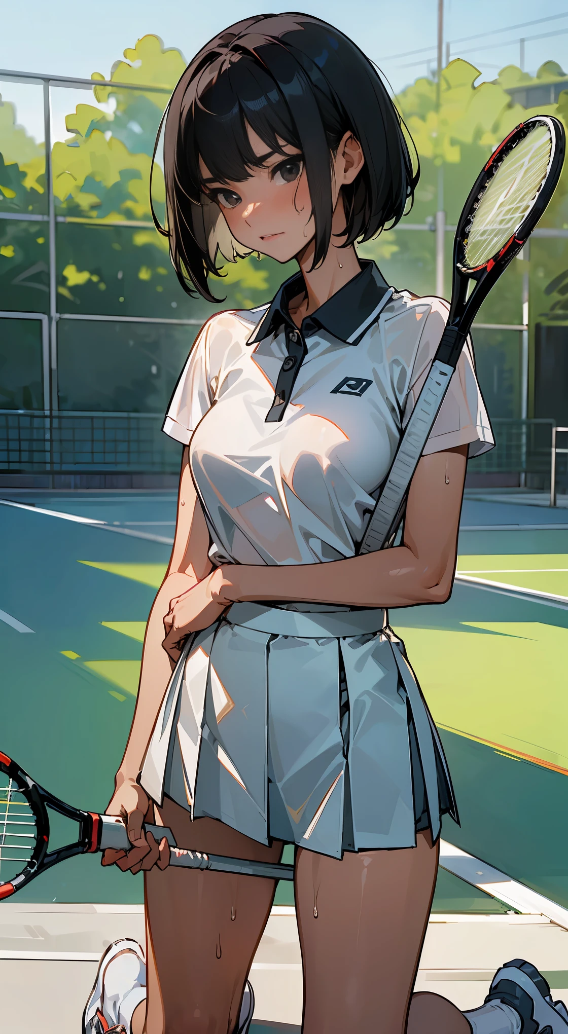 ((Masterpiece)), ((Best Quality)),Ultra High Resolution, Caustics, Detailed, Beautiful Detailed FACE,Perfect ???????,nsfw,cowboy shot,solo20 year old beauty、日Book人、black hair,short bob hair,black eyes,slender body,ideal ratio body proportions,medium breasts,tan skin,gleaming skin,oily skin,shiny skin,(sweat:1.3,kneeling),painful expression、heavy breathing、steam,,(tennis uniform、white polo shirt、White pleated mini skirt、perfect white panties,Clothes that are see-through with sweat),Tennis Racket１Book、Correctly drawn tennis racket、outdoors、Tennis court、