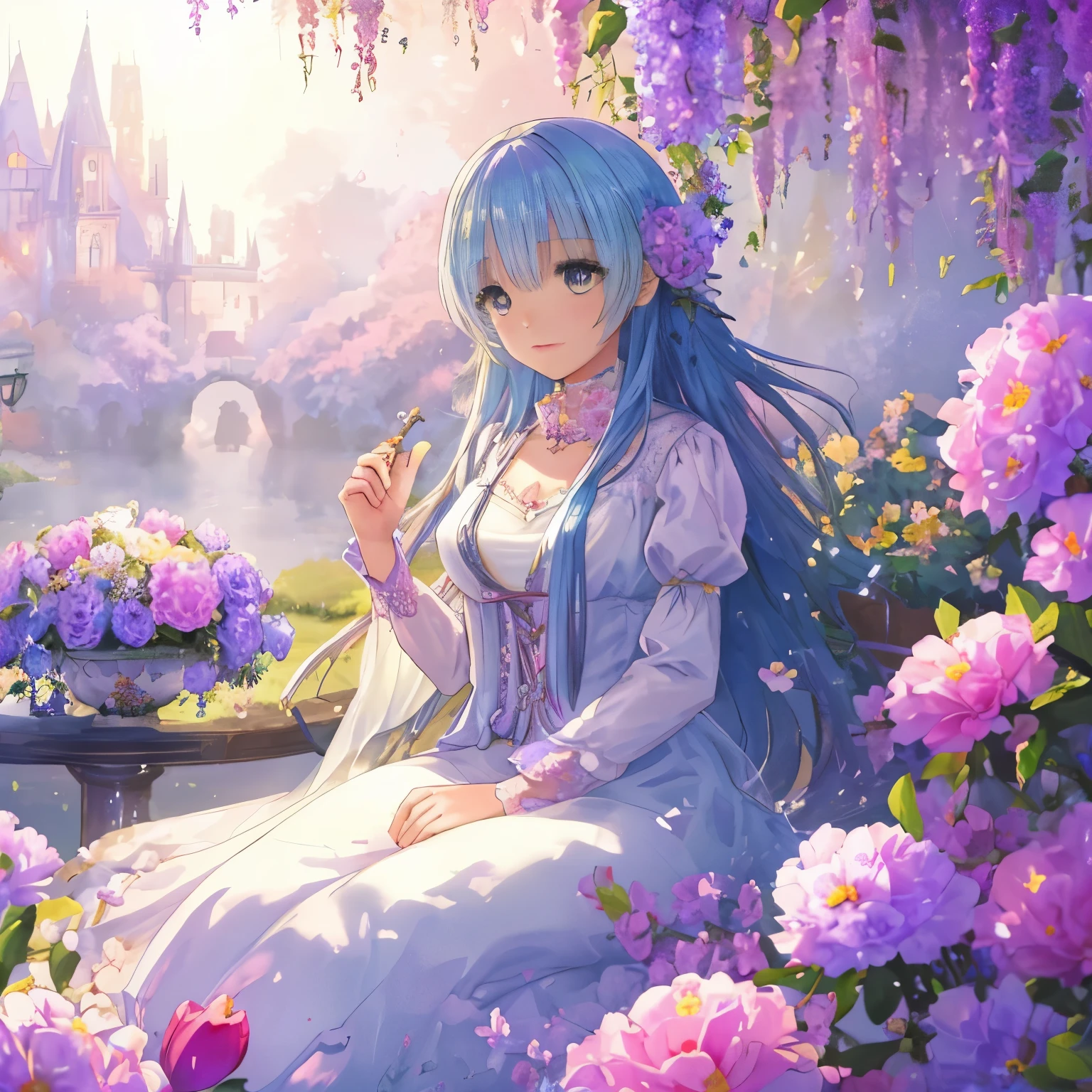 (high quality, 8k), (soft light), Rainbow-colored, one girl, detailed face, fine eyes, watercolor paiting,  so magical and dreamy, dreamy and detailed, dreamy atmosphereとドラマ, gorgeous atmosphere, fantastic beautiful lighting, dreamy atmosphere, beautiful atmosphere, dreamy romantic, fantastic dreamy theme, magical atmosphere, beautiful atmosphere, anime background art, magical atmosphere + table top, dreamy aesthetics, Beautiful details with atmosphere, lots of flowers, bubble, water, flower garden, sitting on the ground, shining eyes