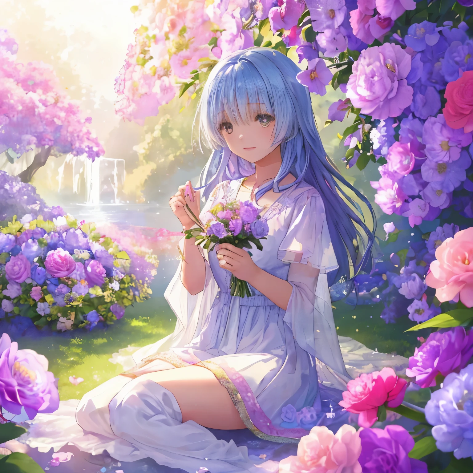 (high quality, 8k), (soft light), Rainbow-colored, one girl, detailed face, fine eyes, watercolor paiting,  so magical and dreamy, dreamy and detailed, dreamy atmosphereとドラマ, gorgeous atmosphere, fantastic beautiful lighting, dreamy atmosphere, beautiful atmosphere, dreamy romantic, fantastic dreamy theme, magical atmosphere, beautiful atmosphere, anime background art, magical atmosphere + table top, dreamy aesthetics, Beautiful details with atmosphere, lots of flowers, bubble, water, flower garden, sitting on the ground, shining eyes