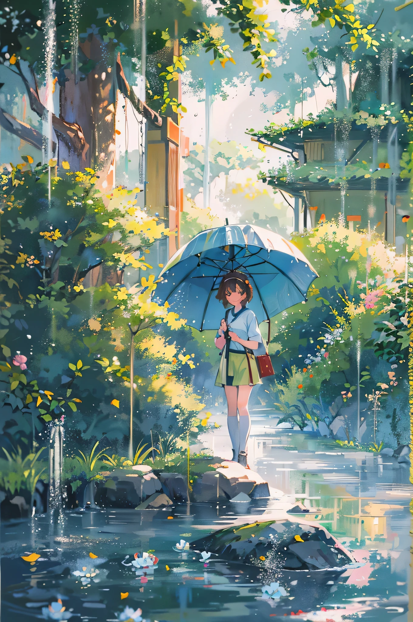 Ghibli,Hayao Miyazaki,Shin Haichenfeng,Nausicaa of the Valley of the Wind,8k,highest quality,image of leaves and raindrops, Romantic landscape style, Canon EOS 5D Mark IV, sunny impressionism, Traditional, Sparkling Water Reflection,