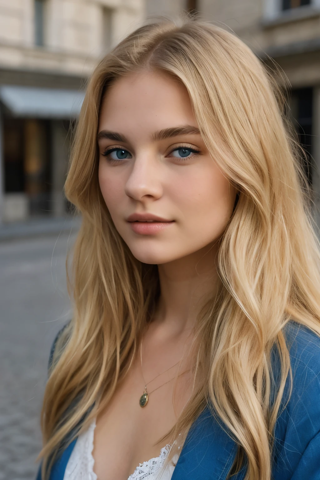 pretty blonde model, 18 ans, poitrine 95D, Long and wavy blonde hair, Yeux bleus, Dark eyebrows, elle fait une photo pour montrer ses nouveau sous vetement un dentelle fine