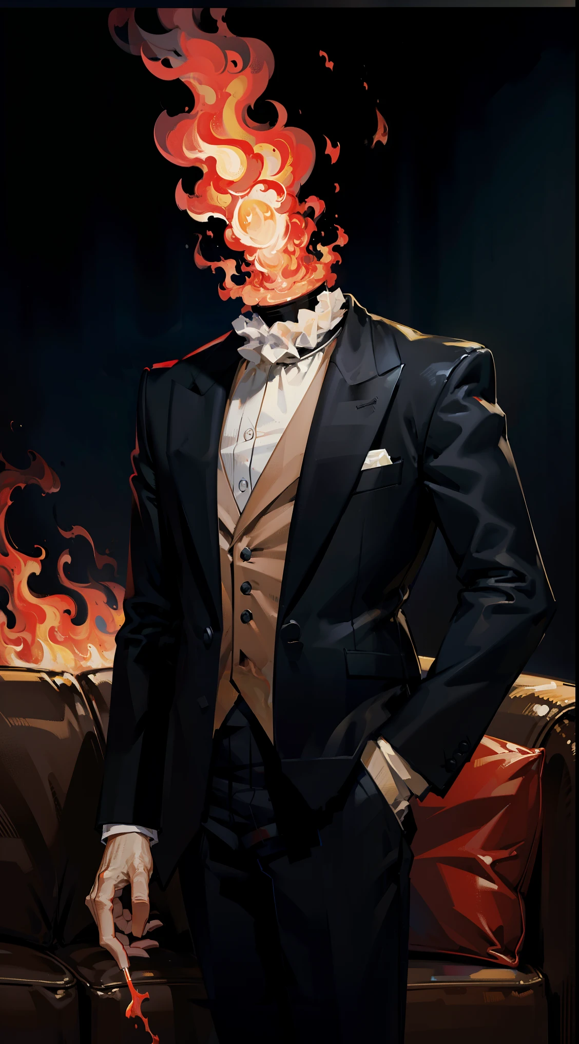 1 man, masterpiece,head with flames,sofa, cigarette, formal clothes,suit, white shirt, advanced details, nice, 4k, break closeup, there are no humans, cinematic, dramatic,contrast, , night,fog, wallpaper, mysterious, digital art