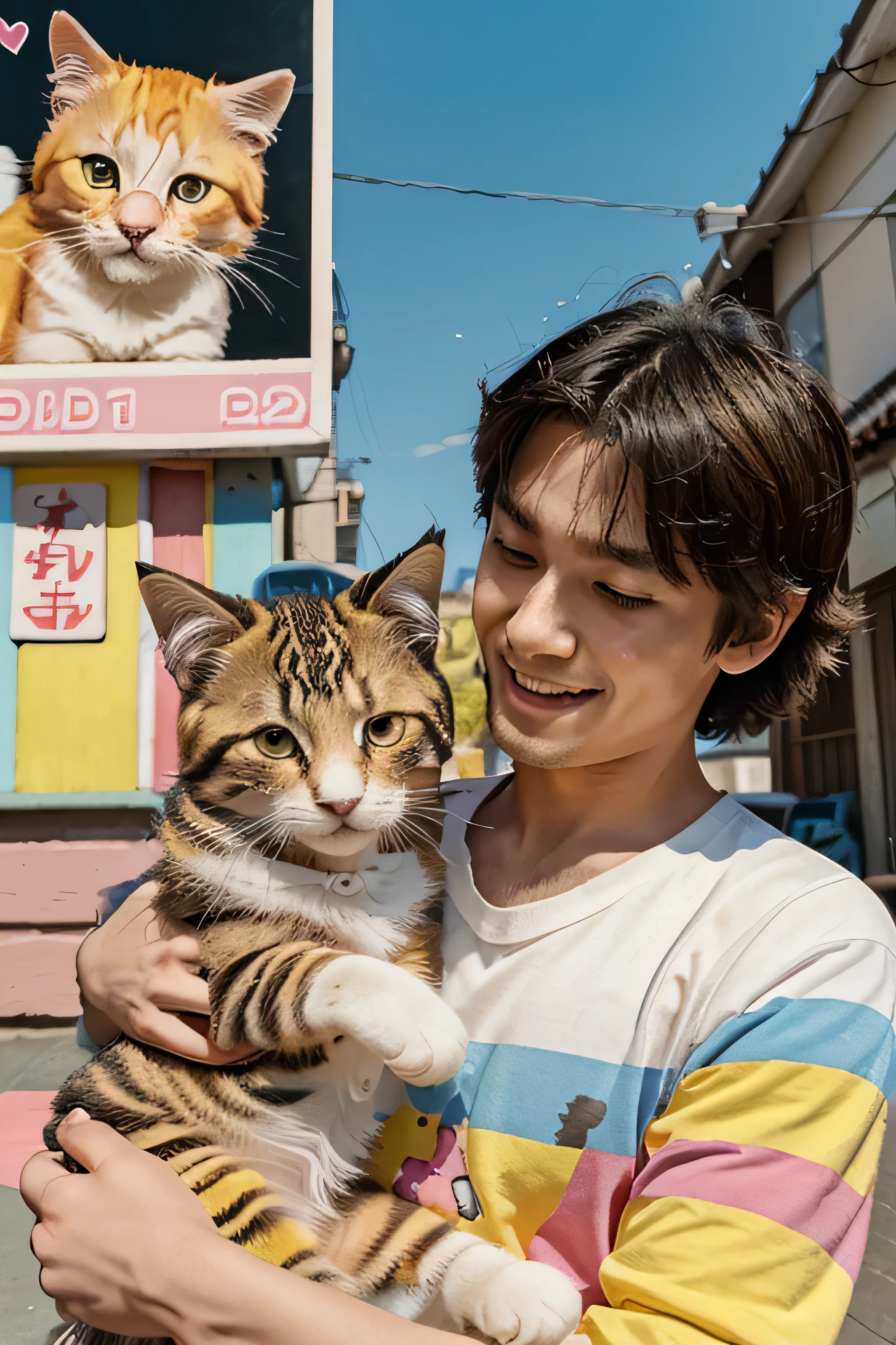 ??? boy with pet cat. Happy preschool male taking care and cuddle fluffy pet. Cartoon vector illustration set of love and friendship between baby owner and his puppy and kitty. in the style of yoh nagao, lively tavern scenes, outdoors and, yellow and pink, drugcore, cult party kei, fragmented advertising, playful use of line.