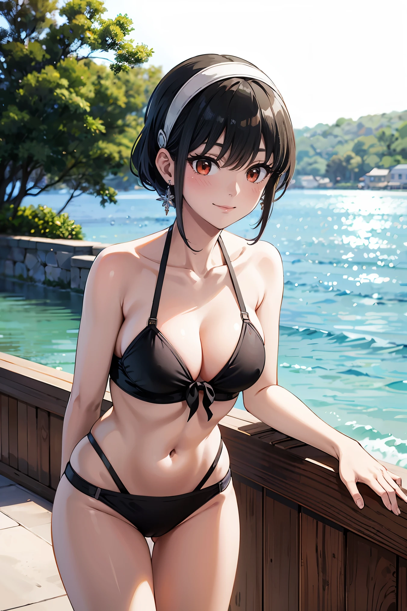 masterpiece, Youghal, 1 girl, alone,shy,embarrassing,blushed,black hair, red eyes, bare shoulders, jewelry, clavicle, side lock, hair band, earrings,outdoors,seaside,smile,bikini,swimsuit,plant, short hair with long hair, white hair band,big side hair,hair on the sides is very long,leaning forward,