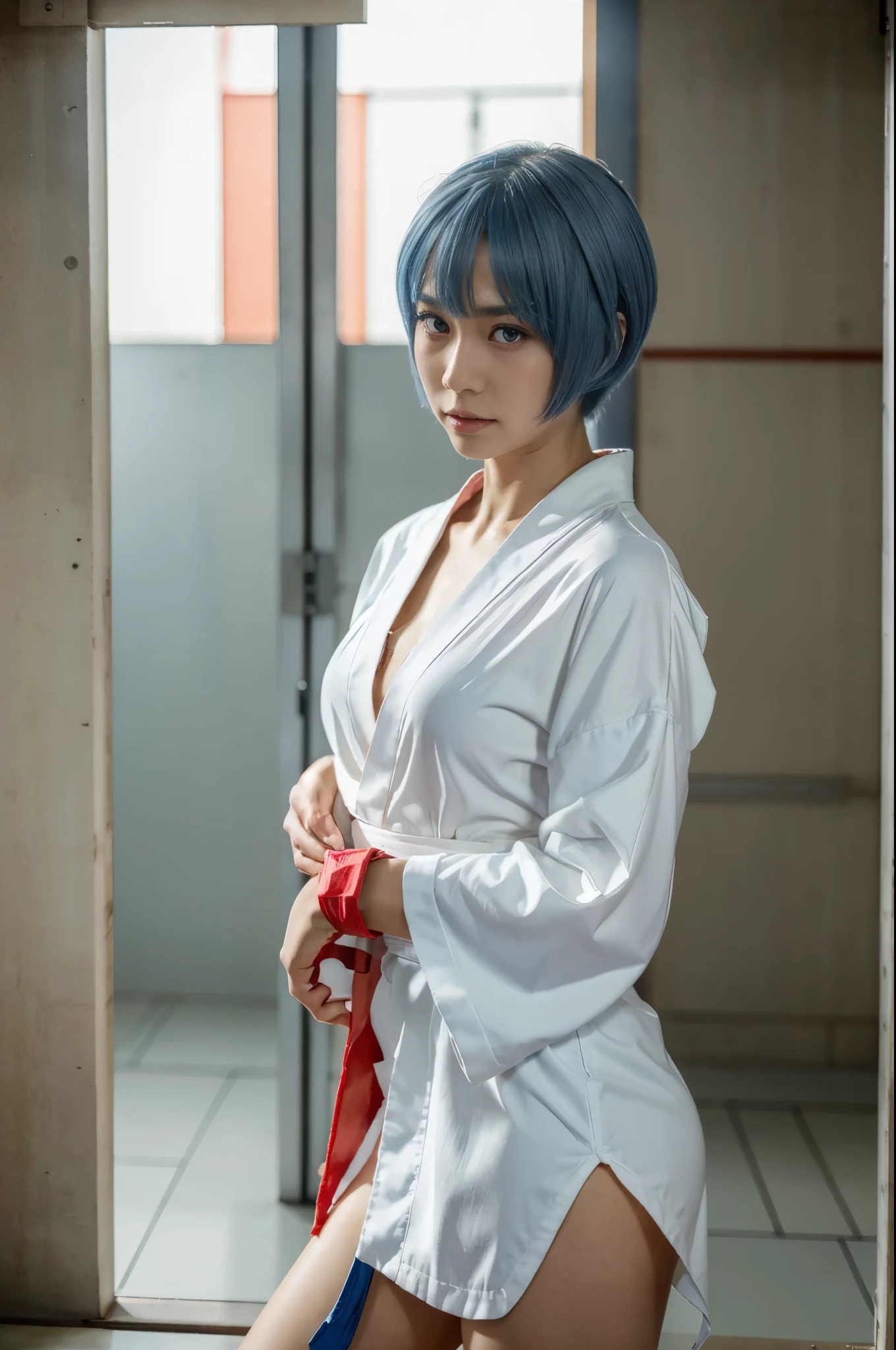 (highres, best quality), Rei Ayanami, Beautiful Mixed Pretty Japanese Babe Face. Beautiful Face, Detailed Beautiful bright red eyes, beautiful slim body, Super Blue Short Hair, kimono, white kimono dress, combine realism and anime influences, sorrow beautiful face, Intense Beautiful gaze, model pose, boxing glove, temple,