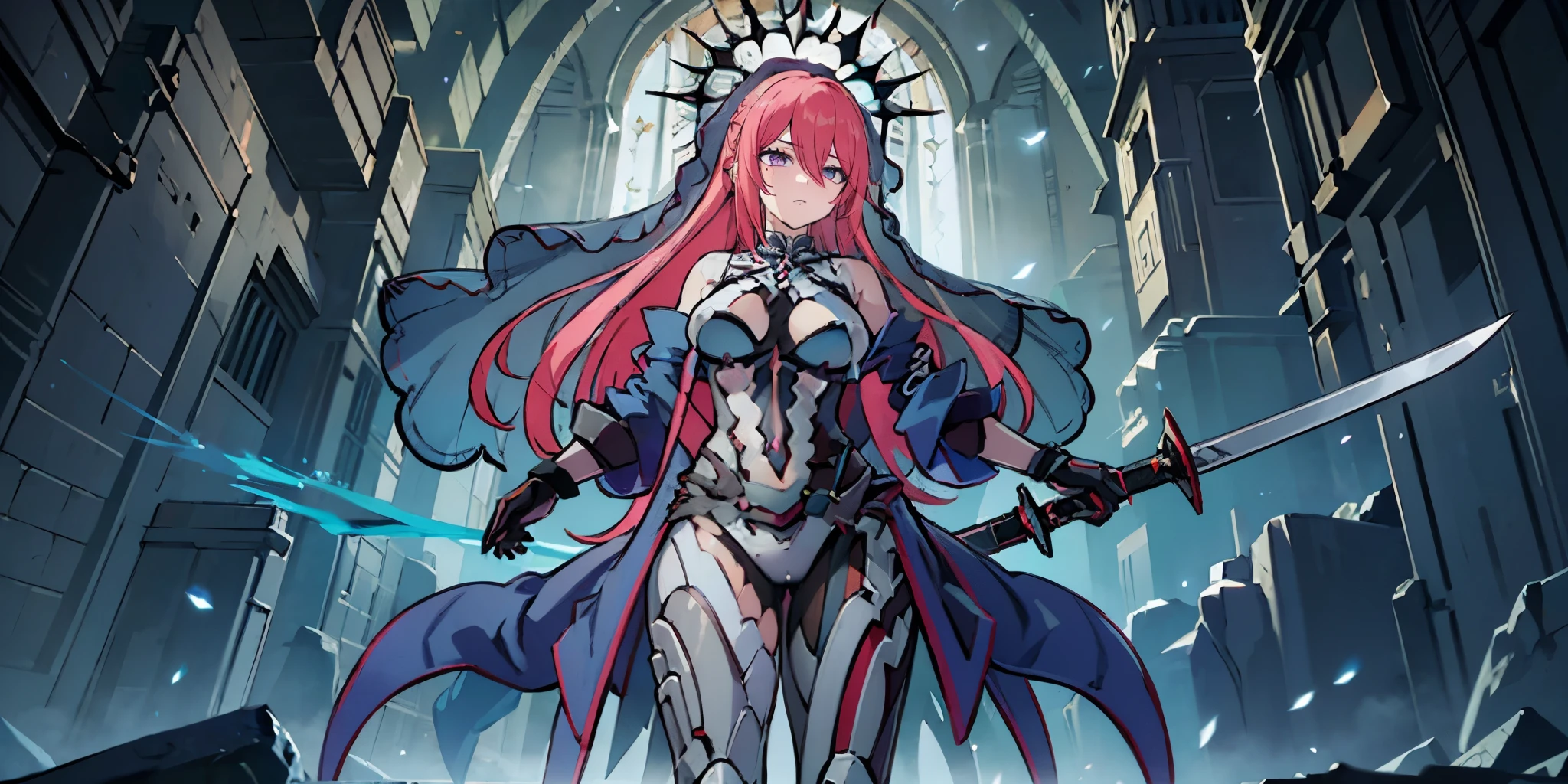 frigg, ponytail, long hair, pink hair, 1girl, holding, sword, solo, blue_eyes, holding_weapon, holding_sword, outfit-origami, halo, veil, navel, elbow gloves, detached sleeves, frills, bow, navel, standing, dual_wielding, closed_mouth, glowing, bangs, gloves, earrings, looking_at_viewer, glowing_weapon, "glow effects, godrays, Hand drawn, render, 8k, octane render, cinema 4d, blender, dark, atmospheric 4k ultra detailed, cinematic, Sharp focus, big depth of field, Masterpiece, colors, 3d octane render, 4k, concept art, trending on artstation, hyperrealistic, Vivid colors, extremely detailed CG unity 8k wallpaper, trending on CGSociety, Intricate, High Detail, dramatic", anime coloring, anime screencap, sweating, steaming body, fog