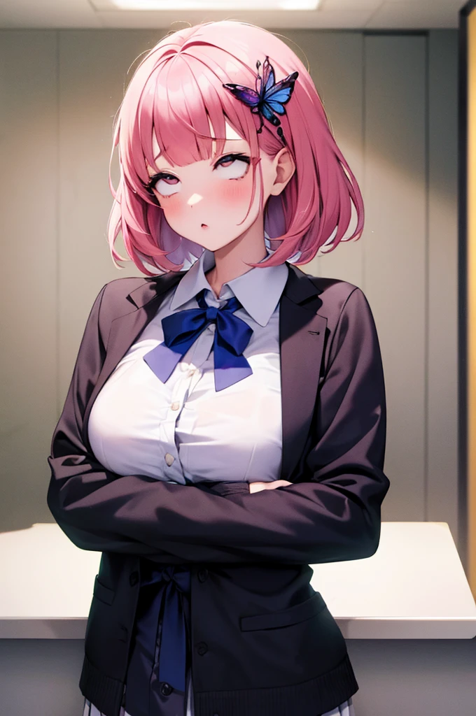 (masterpiece),(intricate details),1 girl,mature woman,Nino Nakano, a huge heartbreaker, Nino Nakano, short hair, bangs, blue eyes, hair ornaments, hair ribbon, pink hair, blunt bangs, two side up, butterfly hair ornaments, BREAK skirt, shirt, long sleeve, white shirt, pleated skirt, open clothes, collared shirt, sleeves go over wrists, dress shirt, cardigan, green skirt, open cardigan, black cardigan,
folded socks,Talk,Depth of the bounds written,looking at the viewer,random view,((standing on a , Cocktail_bar,)),((Upper body)),Polka-dot pants,nude