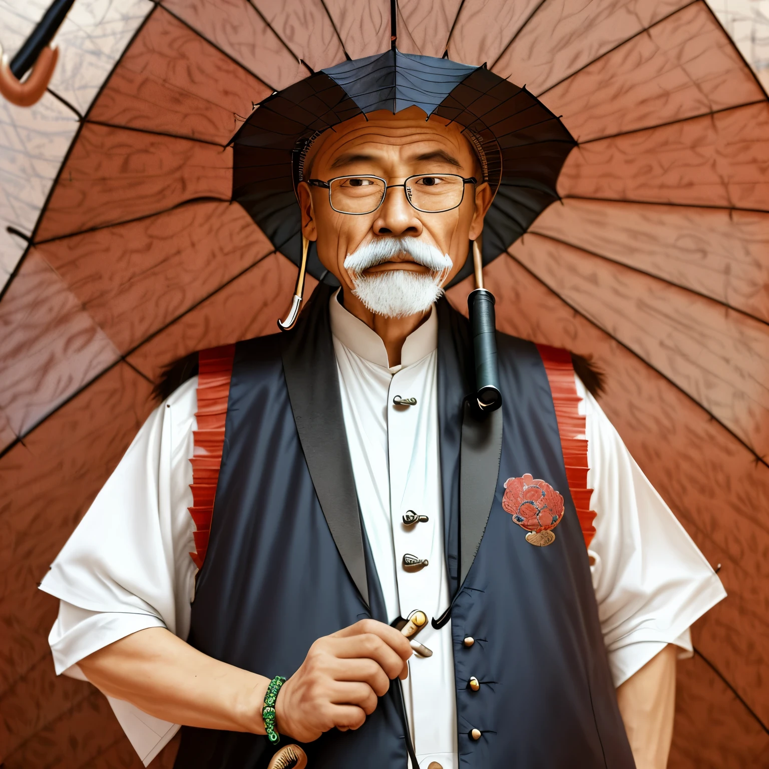 An old man from the Song Dynasty of China, (wearing:1.1), a red Chinese Tang Dynasty champion hat upon his head, (mustache:1.2), his face adorned with a distinctive and wispy mustache, (reading glasses:1.3), hovering before his eyes to aid in his scholarly pursuits, (clothes:1.4), draped in black Qing Dynasty attire, (vest:1.5), his torso protected by a white, sleeveless animal fur vest, (accessories:1.6), holding a gong with one hand, (umbrella:1.7), a venerable