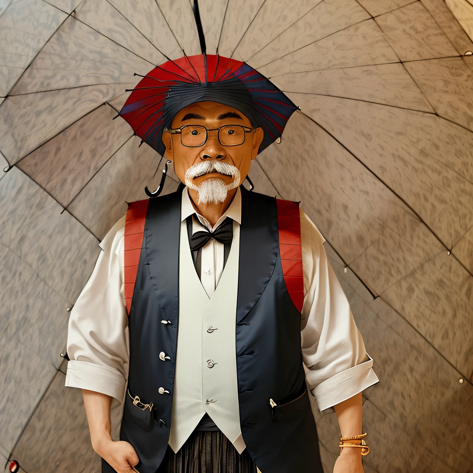 An old man from the Song Dynasty of China, (wearing:1.1), a red Chinese Tang Dynasty champion hat upon his head, (mustache:1.2), his face adorned with a distinctive and wispy mustache, (reading glasses:1.3), hovering before his eyes to aid in his scholarly pursuits, (clothes:1.4), draped in black Qing Dynasty attire, (vest:1.5), his torso protected by a white, sleeveless animal fur vest, (accessories:1.6), holding a gong with one hand, (umbrella:1.7), a venerable