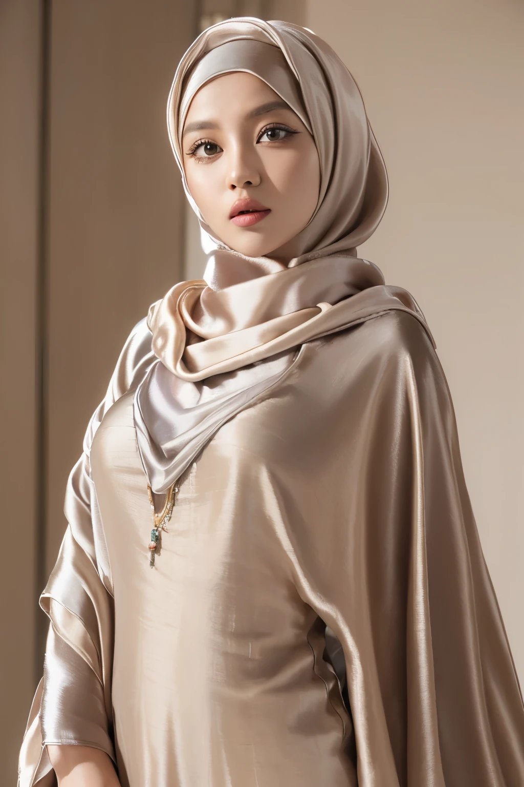  ((Masterpiece, best quality, photography, detailed skin, realistic, photo-realistic, 8k, highly detailed, full length frame, High detail RAW color art, diffused soft lighting, shallow depth of field, sharp focus, hyperrealism, cinematic lighting, hijab, a woman in a beautifully makeup, eyeshadow, beautiful big eyes, long eye lashes, wearing (Gray satin hijab), loosely tide hijab style, ((Taupe satin kaftan)),