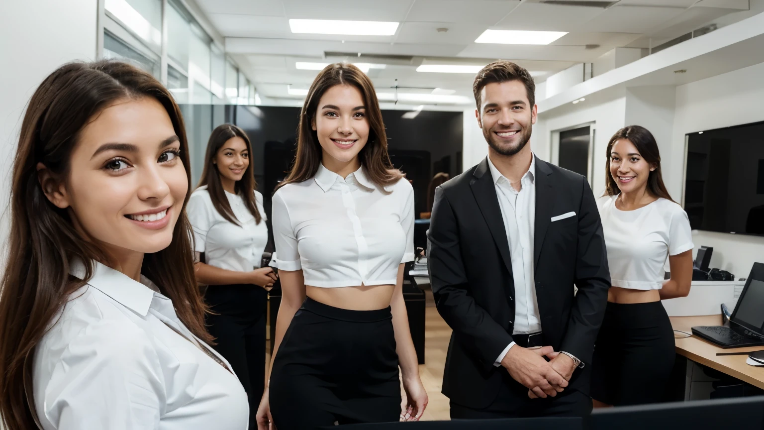 (best quality,realistic),business team,confident smiling faces,men and women business,clothes black bottom,white top,New York,office at noon