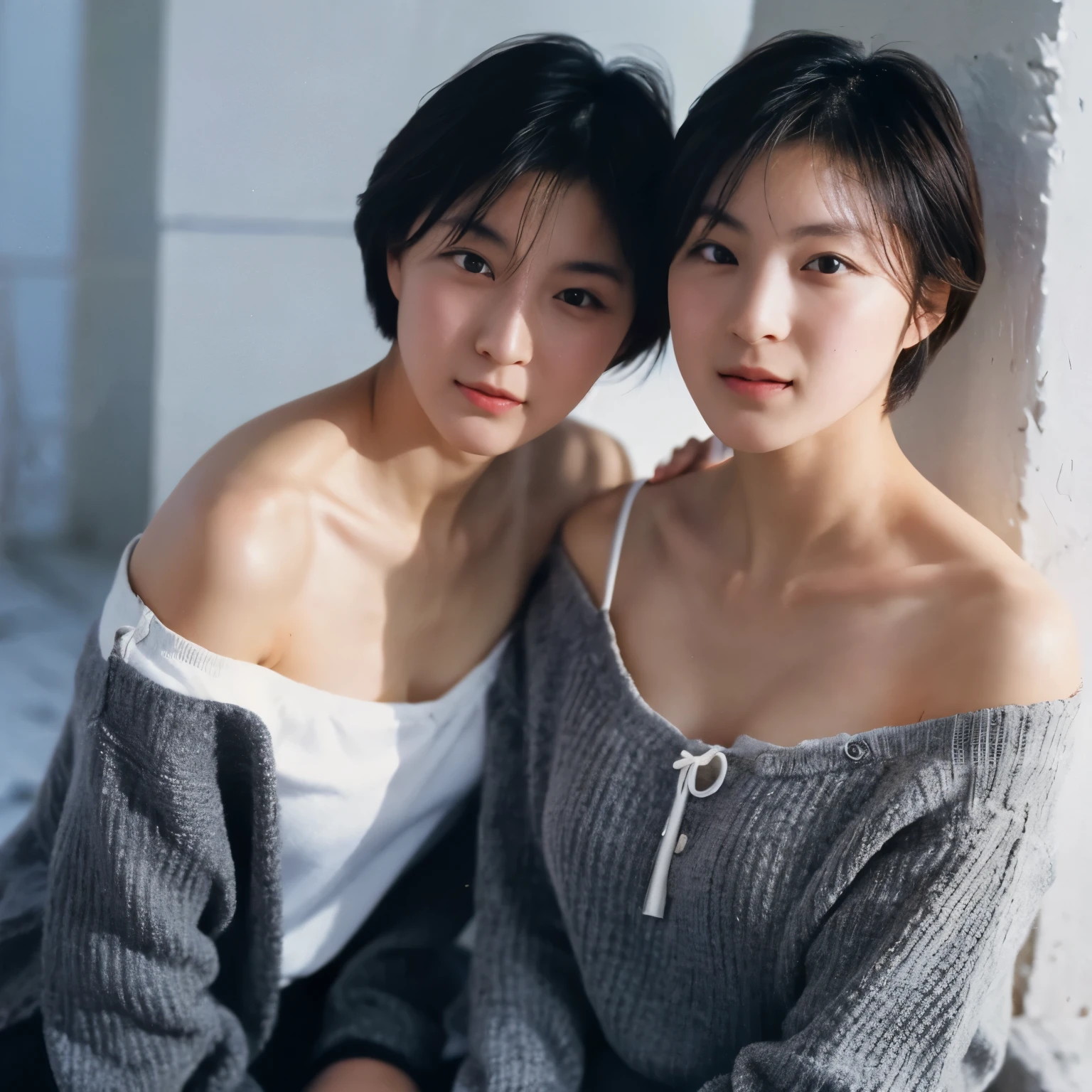 identical twin sisters sexy appearance, highest quality, masterpiece, ultra high resolution, (realistic:1.5), RAW photo, , off shoulder, in the dark, deep shadow, discreet key, cold light, short hair looking at camera、catch light