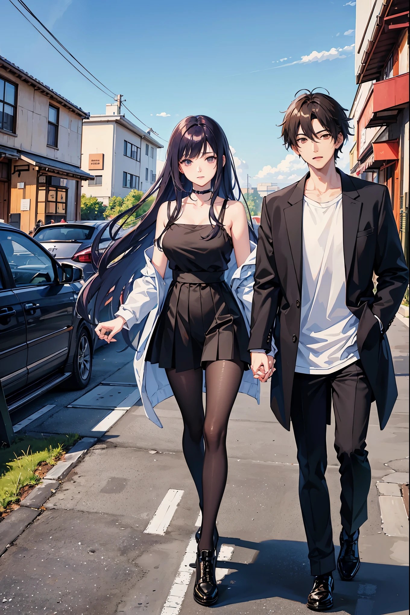((masterpiece)), anime guy and woman walking hand in hand in rough clothing, Clear sky in the background, background blur effect, a computer rendering inspired by Hisui Sugiura, pixiv, computer art, anime handsome man and beautiful woman, official art, in an anime style, as an anime character, young anime man and woman, visual novel sprite