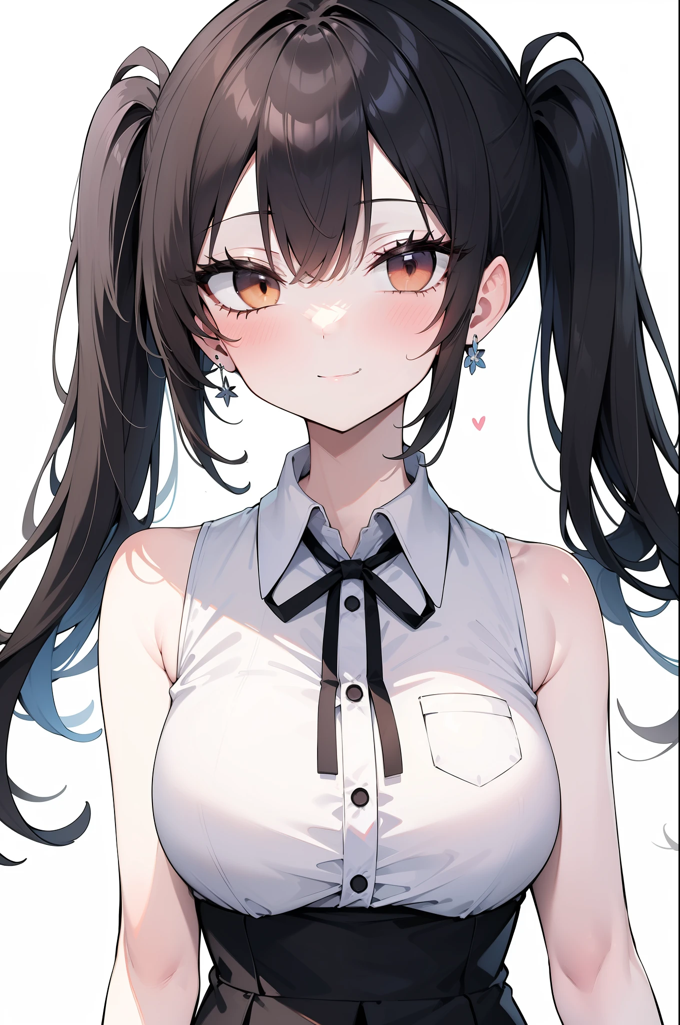 1girl, rating:safe, solo, blush, bare_shoulders, looking_at_viewer, smile, long_hair, brown_hair, earrings, brown_eyes, jewelry, hair_ornament, flower, white_background, twintails, sleeveless, closed_mouth, bangs, white_shirt, parted_bangs, hair_flower, upper_body, simple_background, sleeveless_shirt, shirt, breasts