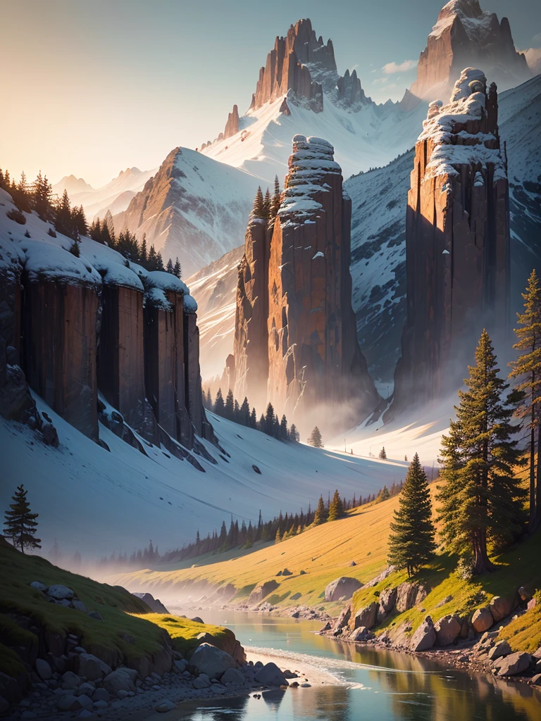An Assassin's Creed Valhalla landscape. (best quality,4k,8k,highres,masterpiece:1.2), ultra-detailed, (realistic,photorealistic,photo-realistic:1.37), HDR, UHD, studio lighting, extreme detail description. The scene is set in a picturesque landscape with rolling hills and lush green meadows. The sky above is filled with fluffy white clouds contrasting against a vibrant blue backdrop. Sun rays break through the clouds, casting a warm golden light over the landscape. In the foreground, a Viking longship sails peacefully along a crystal-clear river that cuts through the valley. The ship is meticulously crafted with intricate wooden carvings, displaying the prowess of the Viking people. The reflection of the ship on the calm water is so realistic that you can almost feel the gentle ripples. On the riverbank, a group of Vikings is seen disembarking from the longship. They are dressed in traditional Viking attire, adorned with fur-lined cloaks and metal armor, wielding swords and shields. Their facial features are finely detailed, with piercing blue eyes and fierce expressions that reflect their warrior spirit. In the distance, towering mountains covered in snow create a majestic backdrop. The peaks are meticulously textured, showcasing the grandeur of the natural landscape. The mountains are shrouded in mist, giving the scene an ethereal and mysterious atmosphere. The trees dotting the landscape are a mix of evergreens and colorful autumn foliage, adding depth and variety to the scene. The leaves rustle gently in the breeze, creating a sense of tranquility and serenity. The colors of the landscape are rich and vibrant. The greens of the meadows are vibrant and lush, contrasting with the deep blues of the river and the sky. The golden sunlight casts warm hues on everything it touches, creating a harmonious and inviting atmosphere. The overall lighting of the scene is expertly crafted, with subtle shadows and highlights that bring depth and realism to the image. The soft,